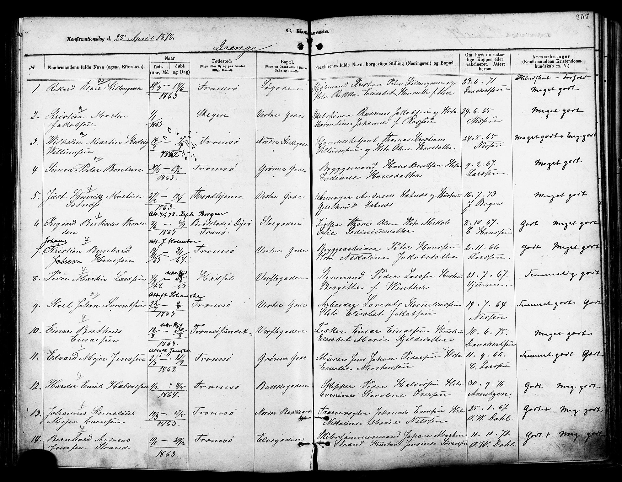 Tromsø sokneprestkontor/stiftsprosti/domprosti, SATØ/S-1343/G/Ga/L0014kirke: Parish register (official) no. 14, 1878-1888, p. 257