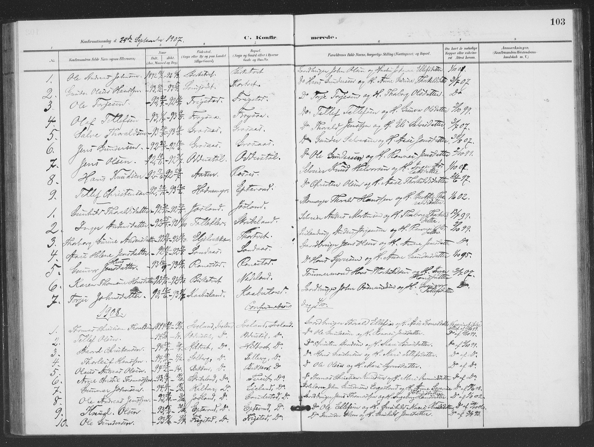 Evje sokneprestkontor, SAK/1111-0008/F/Fb/Fbc/L0005: Parish register (copy) no. B 5, 1901-1935, p. 103