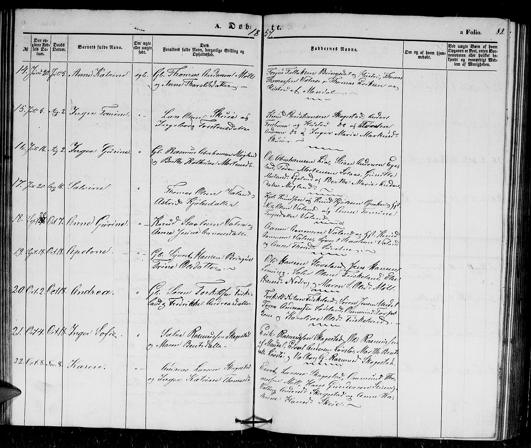 Holum sokneprestkontor, AV/SAK-1111-0022/F/Fb/Fba/L0003: Parish register (copy) no. B 3, 1850-1866, p. 82