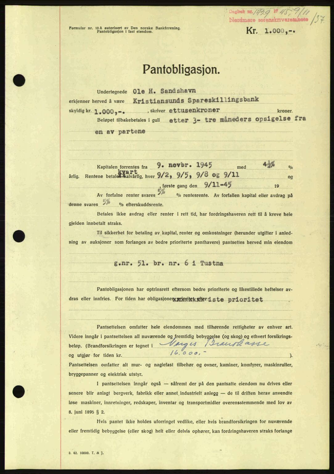 Nordmøre sorenskriveri, AV/SAT-A-4132/1/2/2Ca: Mortgage book no. B93a, 1945-1945, Diary no: : 1429/1945