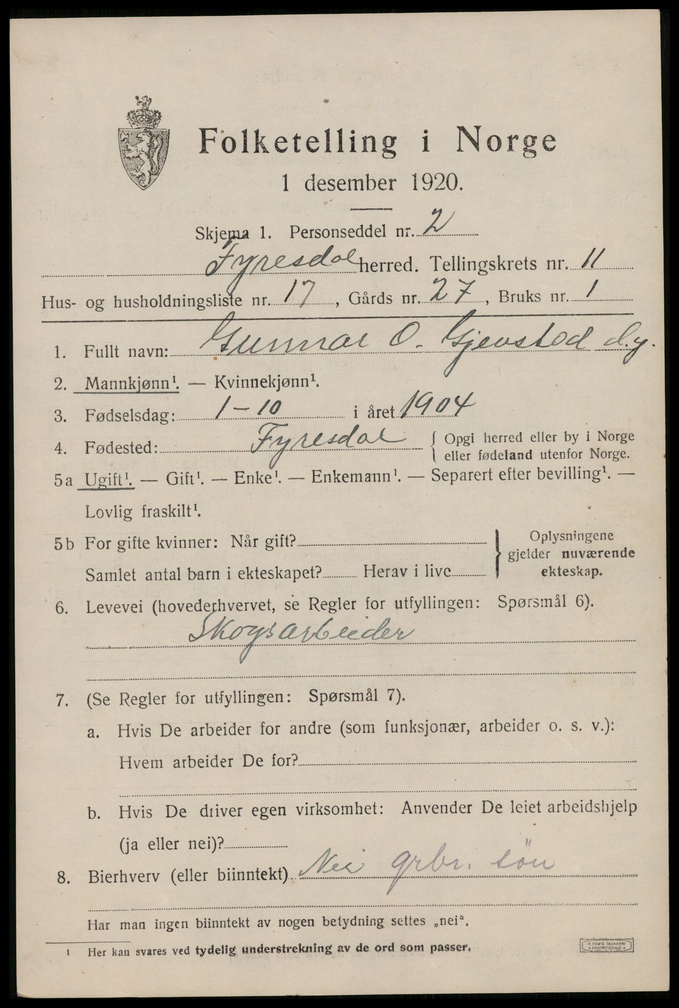 SAKO, 1920 census for Fyresdal, 1920, p. 4155