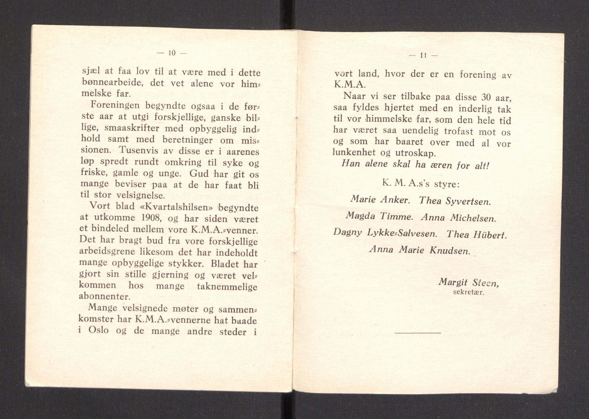 Kvinnelige Misjonsarbeidere, AV/RA-PA-0699/F/Fa/L0001/0008: -- / Trykte beretninger. 10-, 20, 25, og 30-årsjubileum, 1902-1932