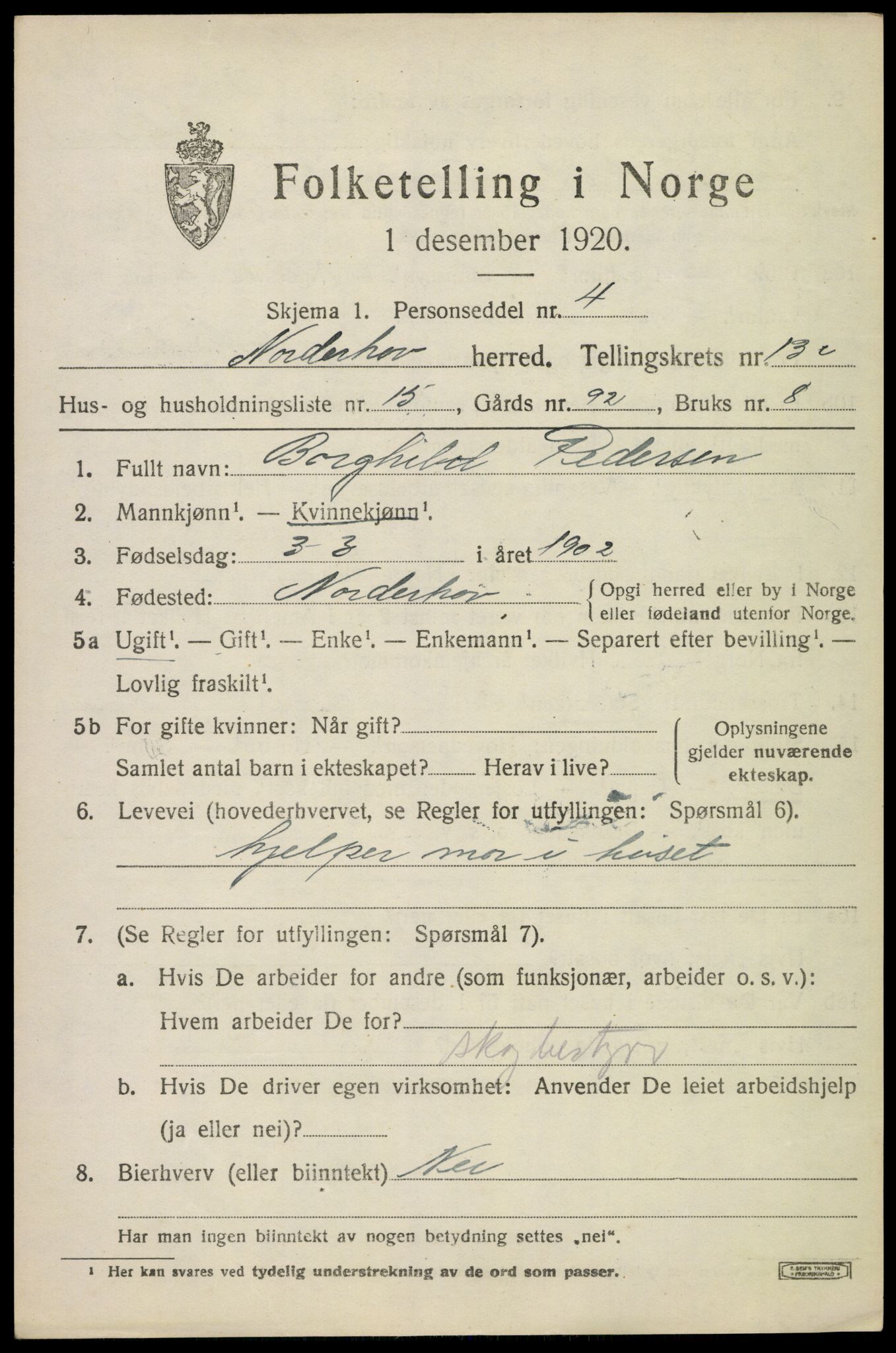 SAKO, 1920 census for Norderhov, 1920, p. 14766