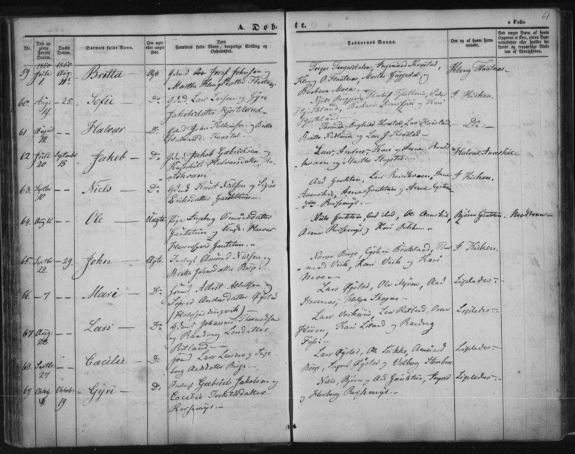 Suldal sokneprestkontor, AV/SAST-A-101845/01/IV/L0008: Parish register (official) no. A 8, 1836-1853, p. 61