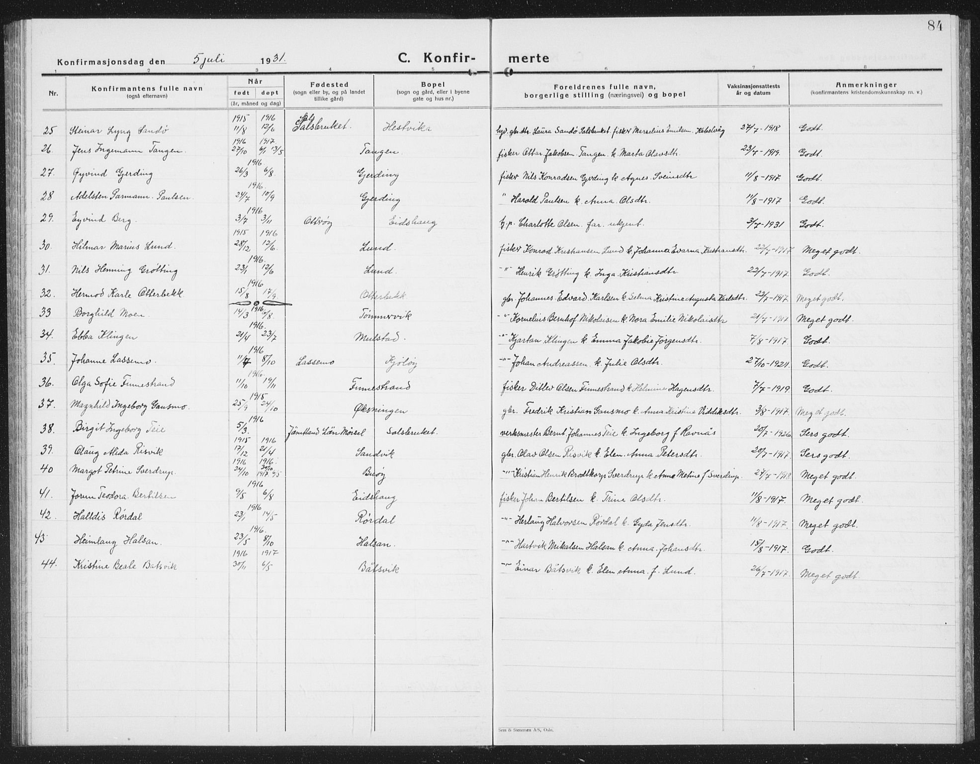 Ministerialprotokoller, klokkerbøker og fødselsregistre - Nord-Trøndelag, AV/SAT-A-1458/780/L0654: Parish register (copy) no. 780C06, 1928-1942, p. 84