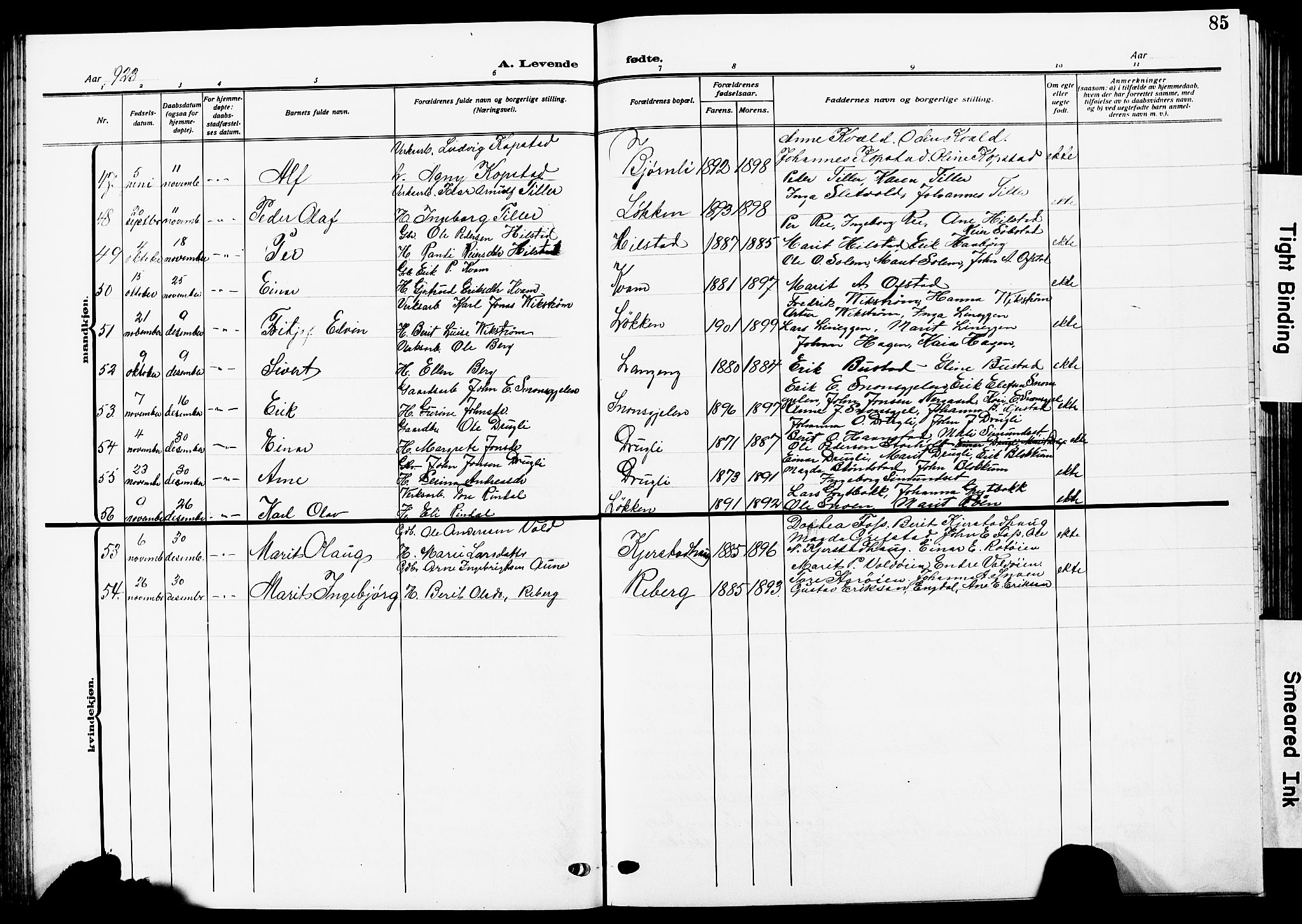 Ministerialprotokoller, klokkerbøker og fødselsregistre - Sør-Trøndelag, SAT/A-1456/672/L0865: Parish register (copy) no. 672C04, 1914-1928, p. 85
