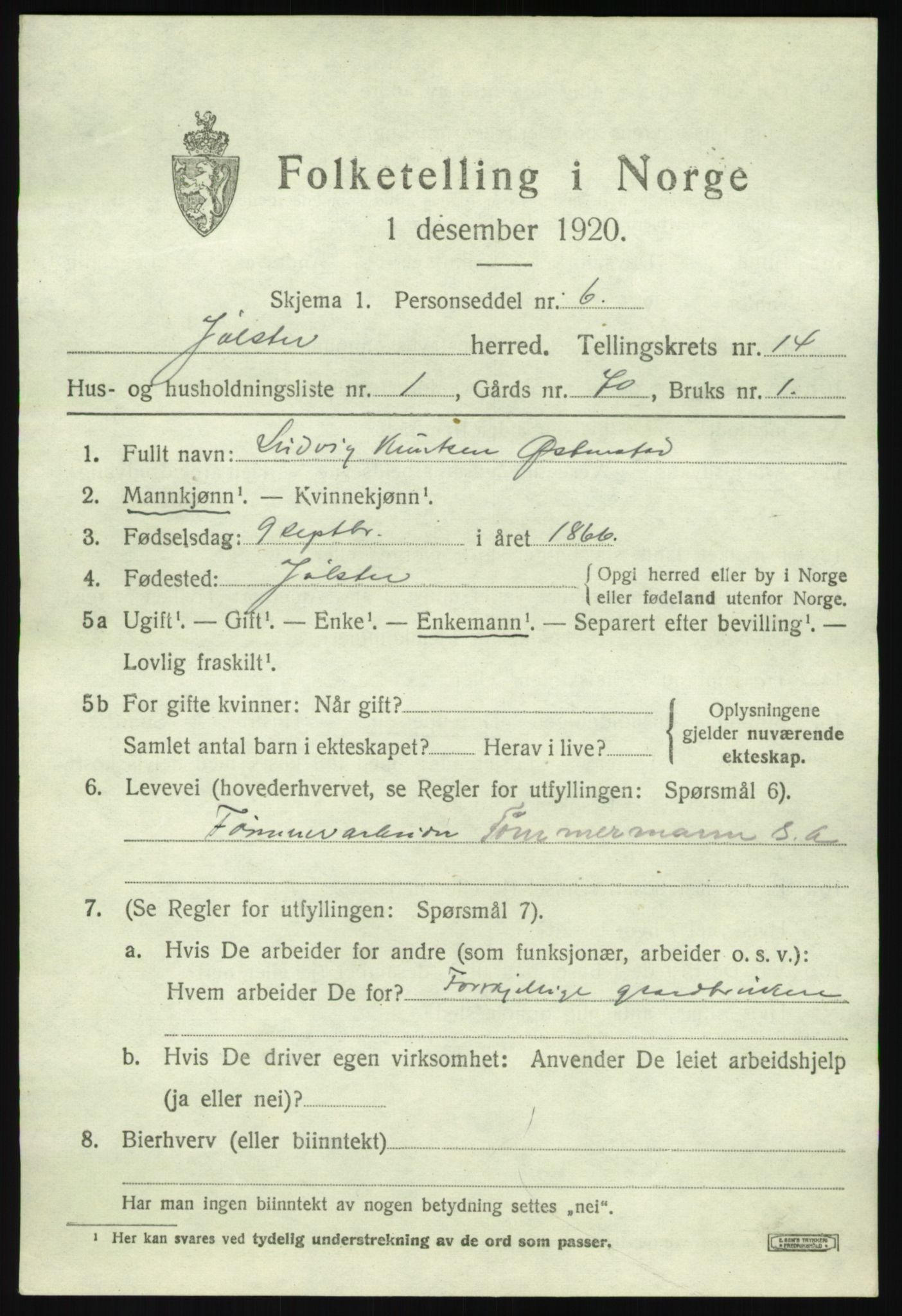 SAB, 1920 census for Jølster, 1920, p. 6464