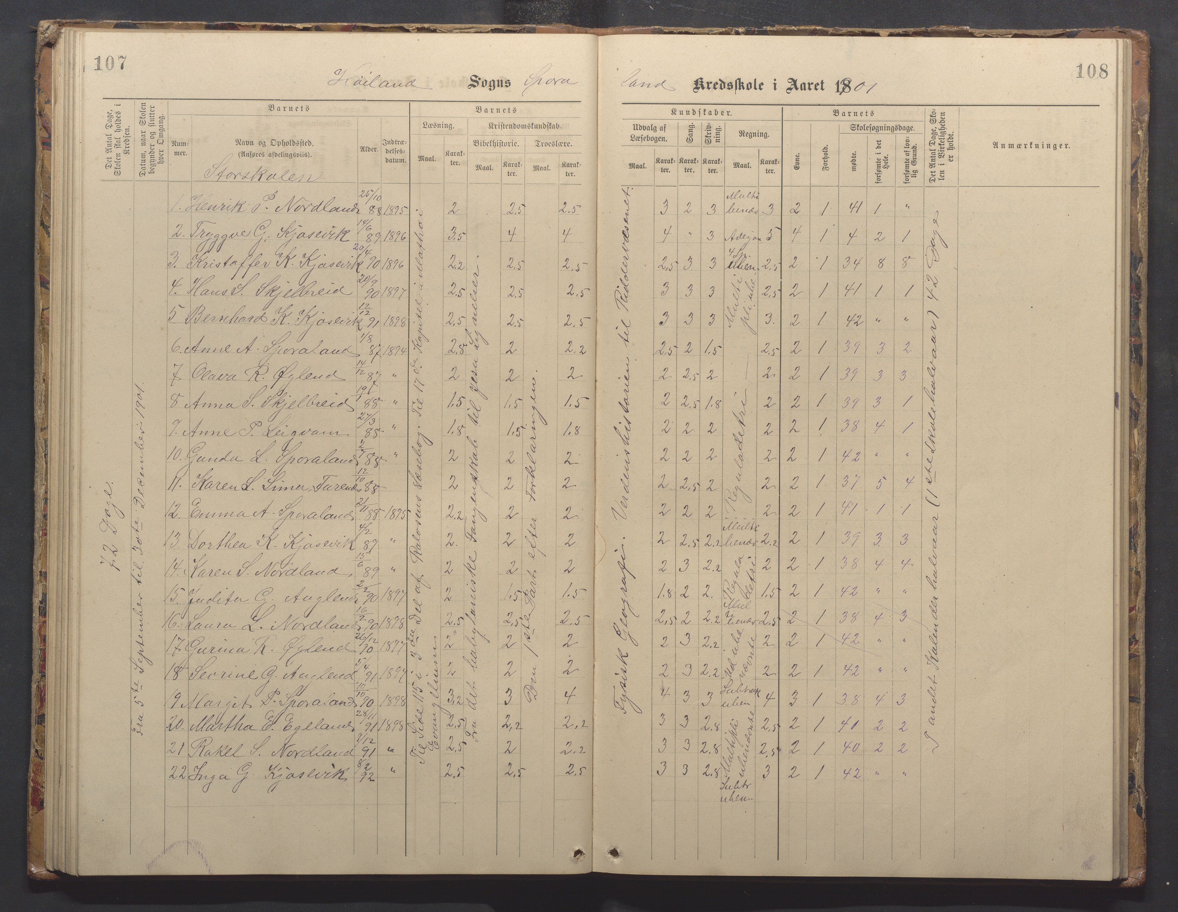 Høyland kommune - Sporaland skole, IKAR/K-100085/E/L0003: Skoleprotokoll, 1888-1910, p. 107-108