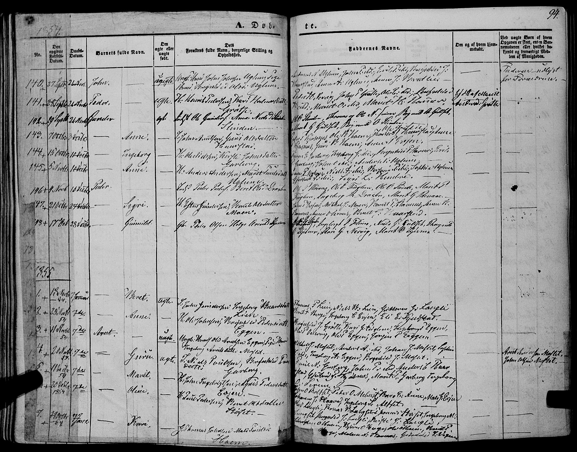 Ministerialprotokoller, klokkerbøker og fødselsregistre - Sør-Trøndelag, SAT/A-1456/695/L1145: Parish register (official) no. 695A06 /1, 1843-1859, p. 94