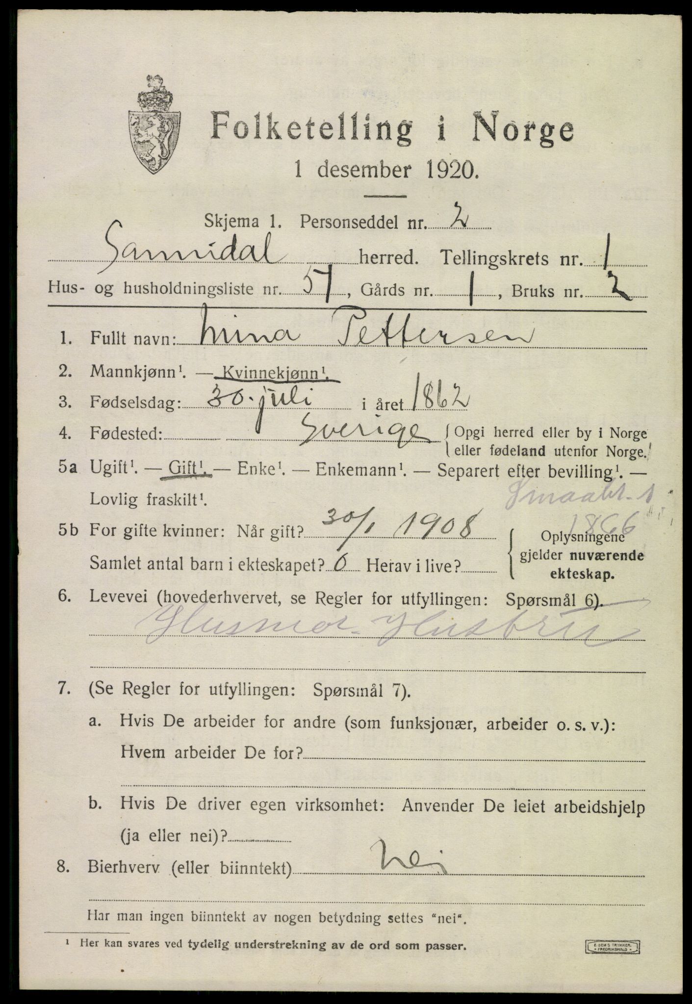 SAKO, 1920 census for Sannidal, 1920, p. 1635