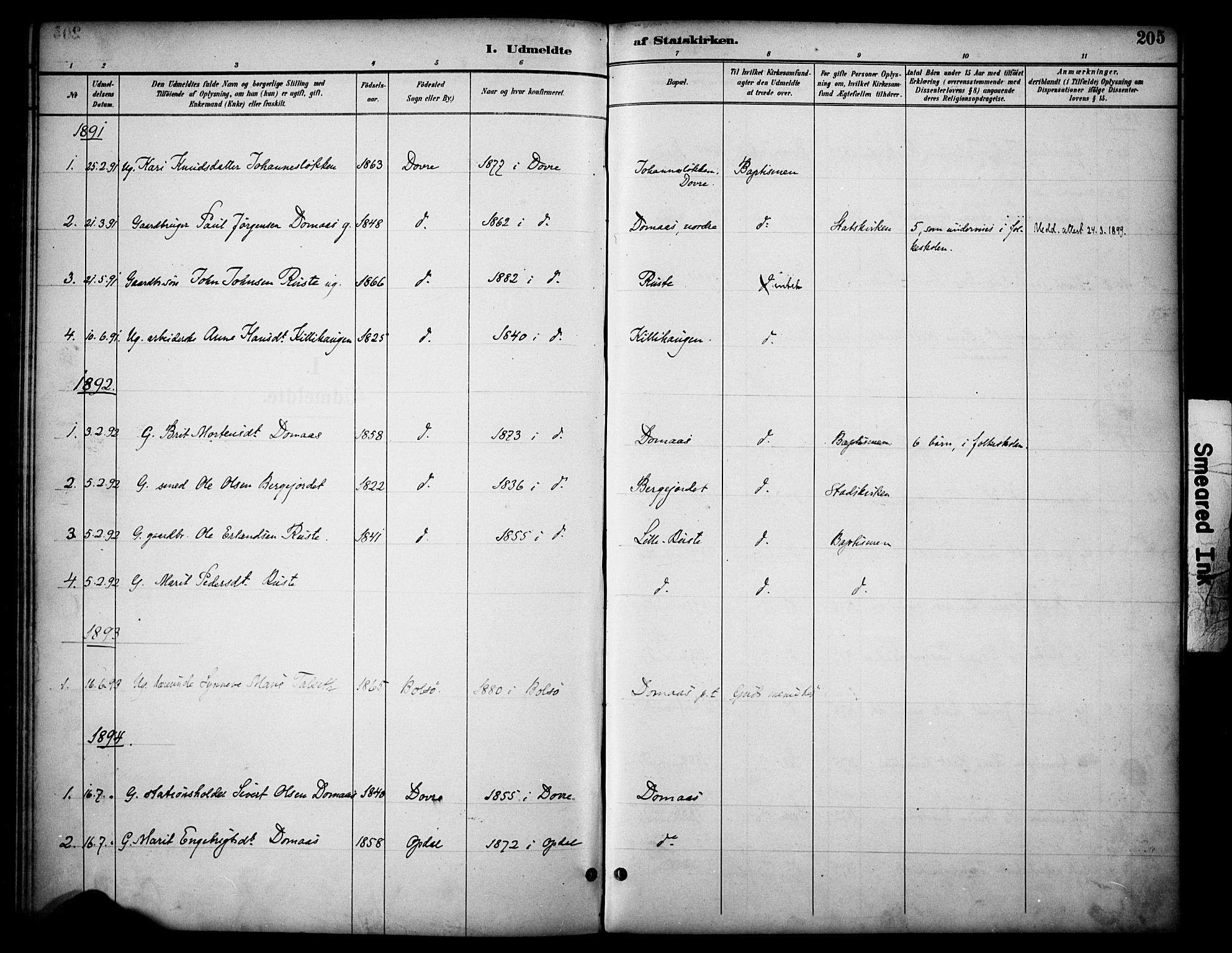 Dovre prestekontor, SAH/PREST-066/H/Ha/Haa/L0003: Parish register (official) no. 3, 1891-1901, p. 205