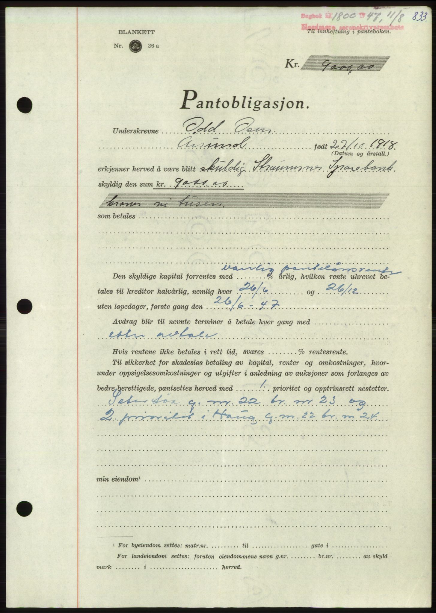 Nordmøre sorenskriveri, AV/SAT-A-4132/1/2/2Ca: Mortgage book no. B96, 1947-1947, Diary no: : 1800/1947