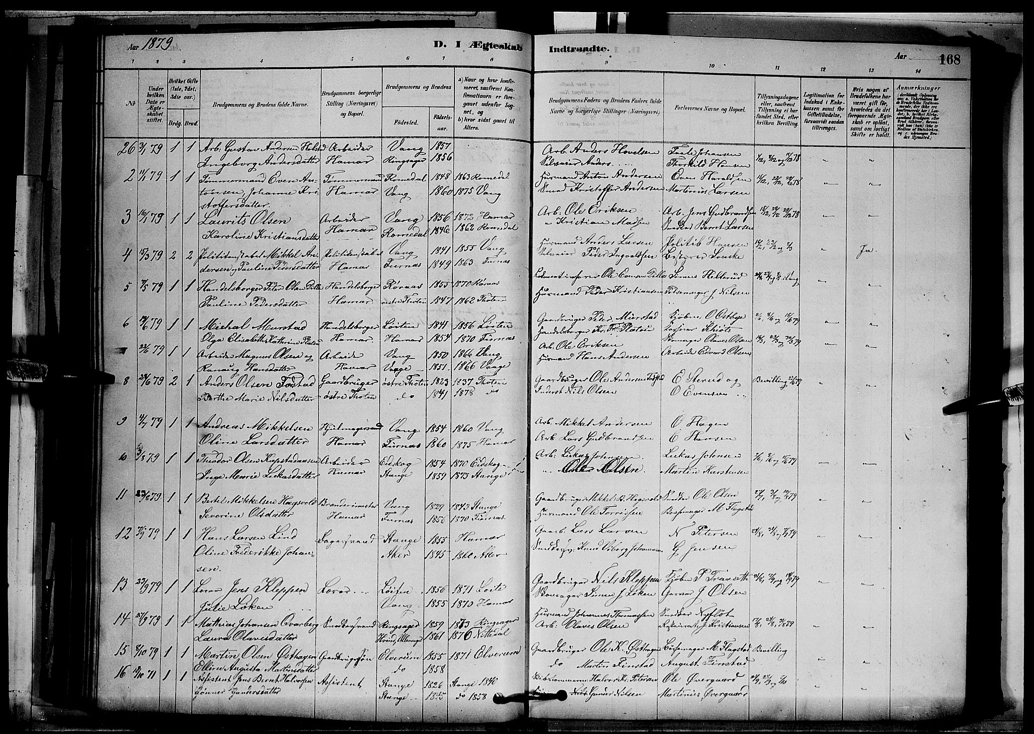 Vang prestekontor, Hedmark, SAH/PREST-008/H/Ha/Hab/L0012: Parish register (copy) no. 12, 1878-1889, p. 168
