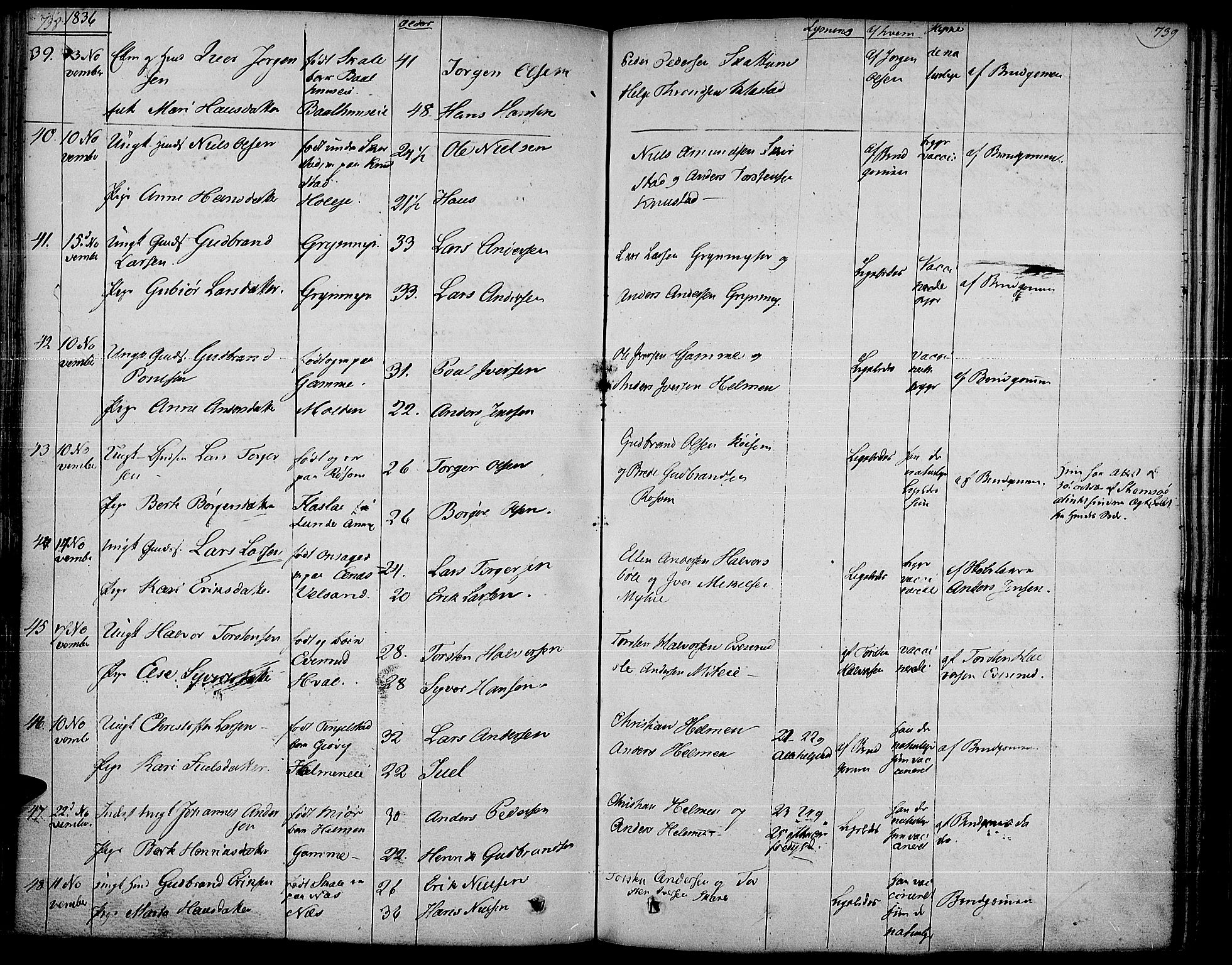 Gran prestekontor, SAH/PREST-112/H/Ha/Haa/L0010: Parish register (official) no. 10, 1824-1842, p. 738-739