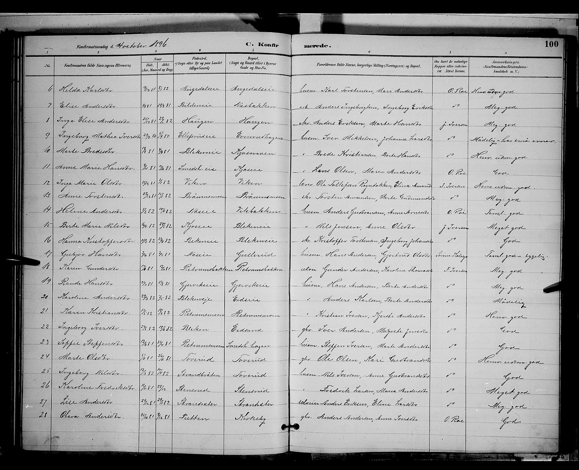 Gran prestekontor, SAH/PREST-112/H/Ha/Hab/L0004: Parish register (copy) no. 4, 1890-1899, p. 100