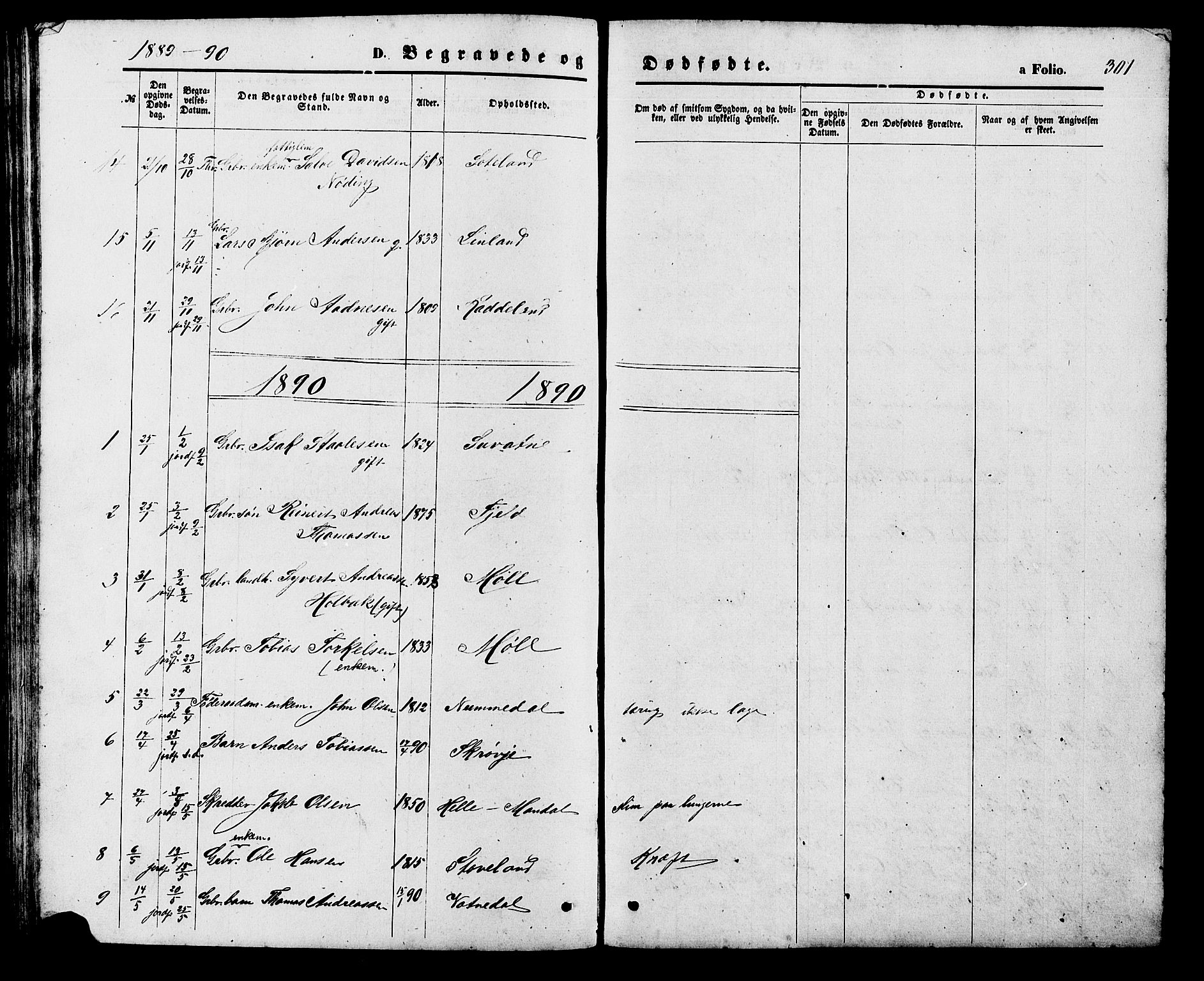 Holum sokneprestkontor, SAK/1111-0022/F/Fb/Fba/L0004: Parish register (copy) no. B 4, 1867-1890, p. 301