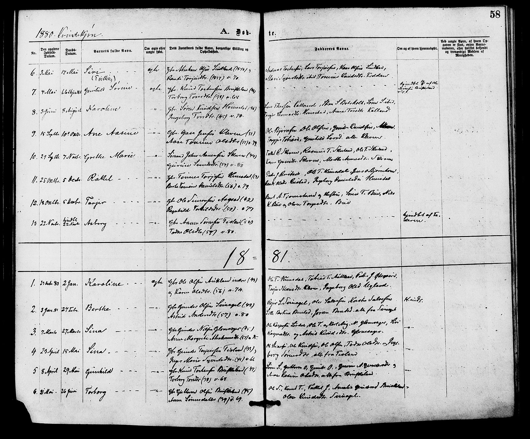 Holum sokneprestkontor, SAK/1111-0022/F/Fa/Fab/L0006: Parish register (official) no. A 6, 1875-1886, p. 58