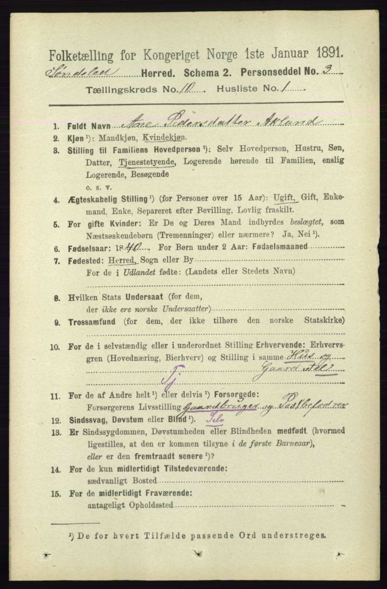 RA, 1891 census for 0913 Søndeled, 1891, p. 3067