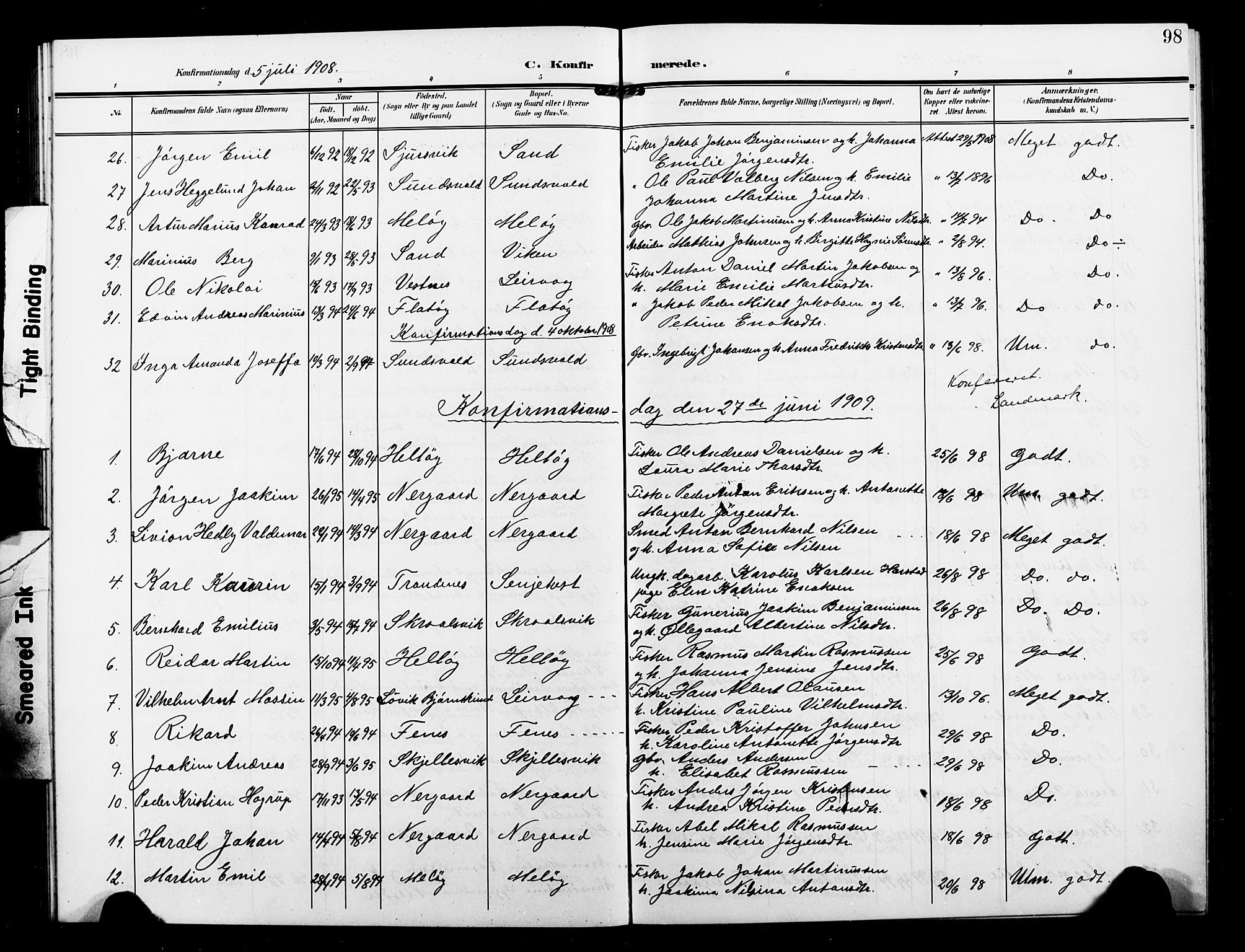 Sand/Bjarkøy sokneprestkontor, AV/SATØ-S-0811/I/Ia/Iab/L0004klokker: Parish register (copy) no. 4, 1905-1918, p. 98