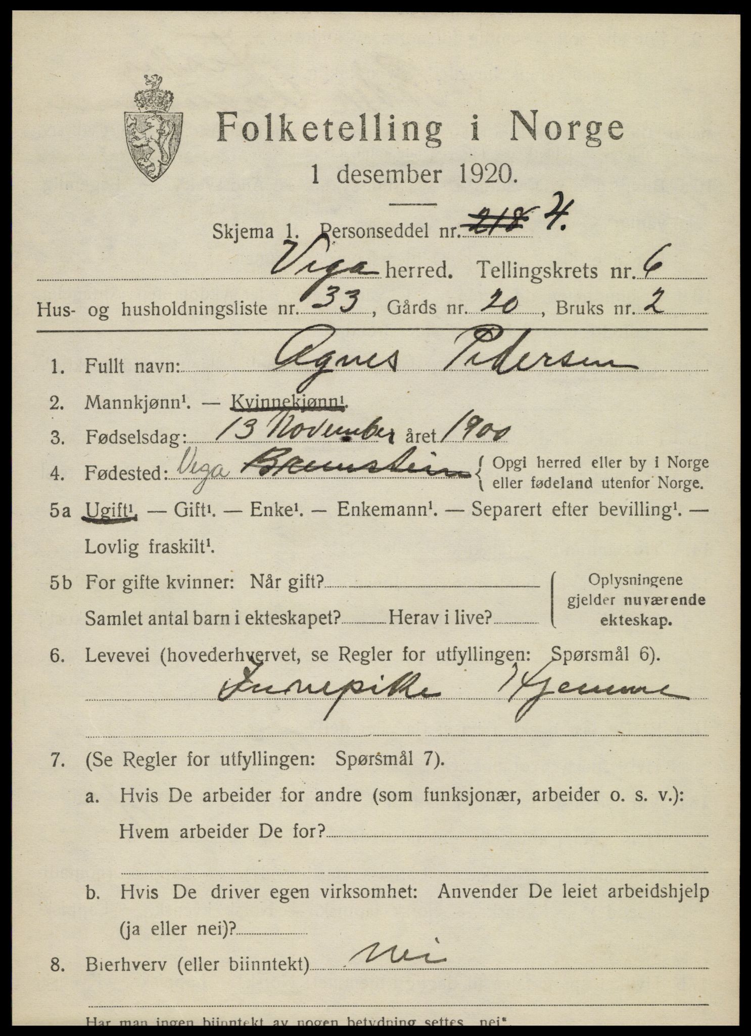 SAT, 1920 census for Vega, 1920, p. 3393