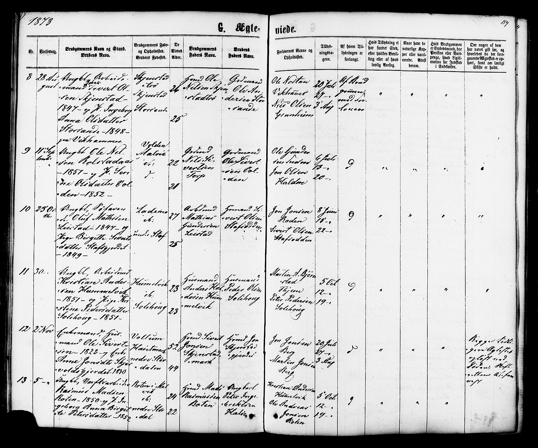 Ministerialprotokoller, klokkerbøker og fødselsregistre - Sør-Trøndelag, SAT/A-1456/616/L0409: Parish register (official) no. 616A06, 1865-1877, p. 159