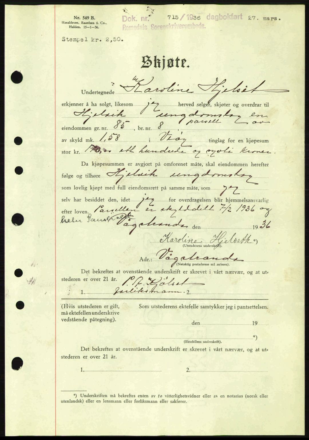 Romsdal sorenskriveri, AV/SAT-A-4149/1/2/2C: Mortgage book no. A1, 1936-1936, Diary no: : 715/1936