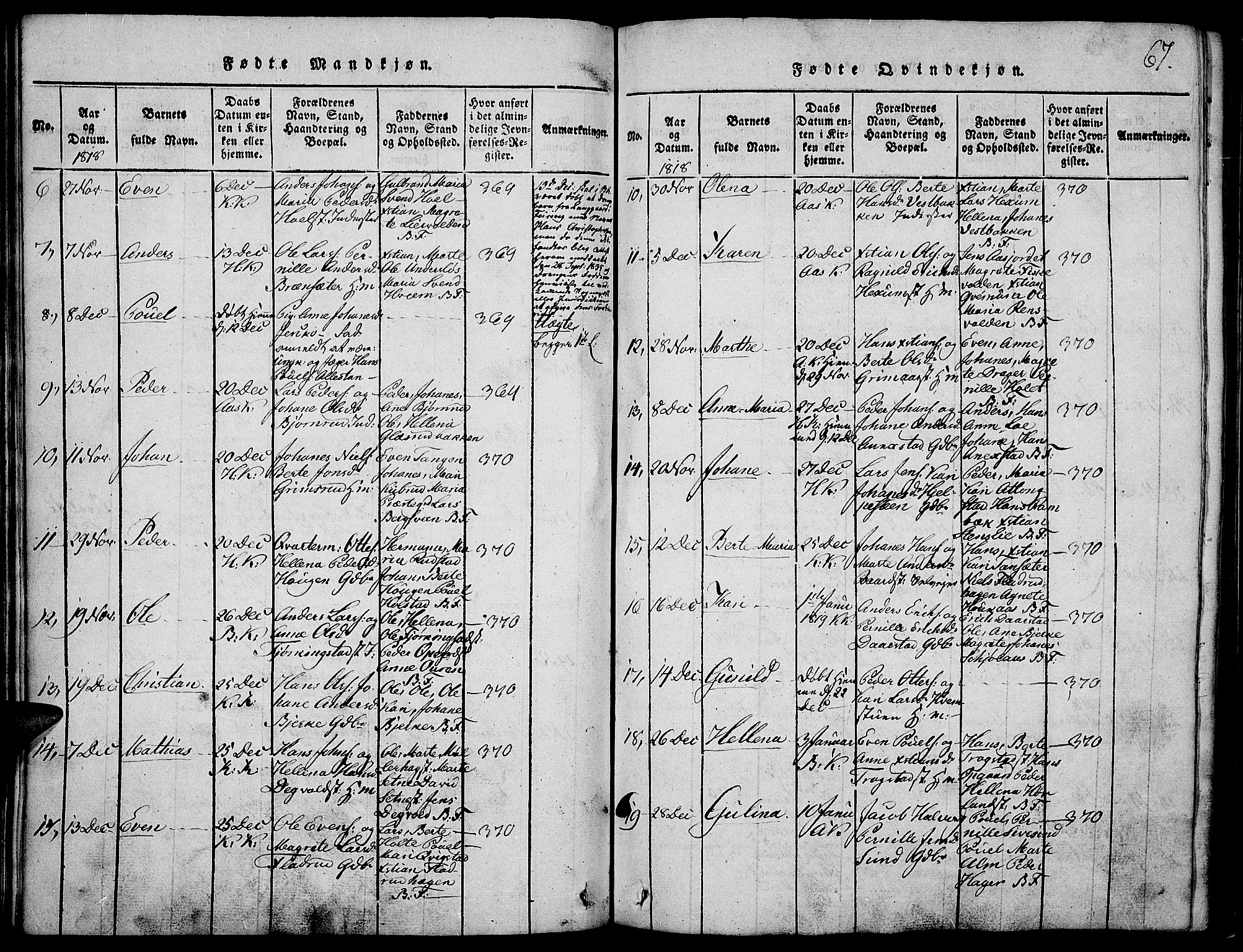 Toten prestekontor, SAH/PREST-102/H/Ha/Haa/L0009: Parish register (official) no. 9, 1814-1820, p. 67