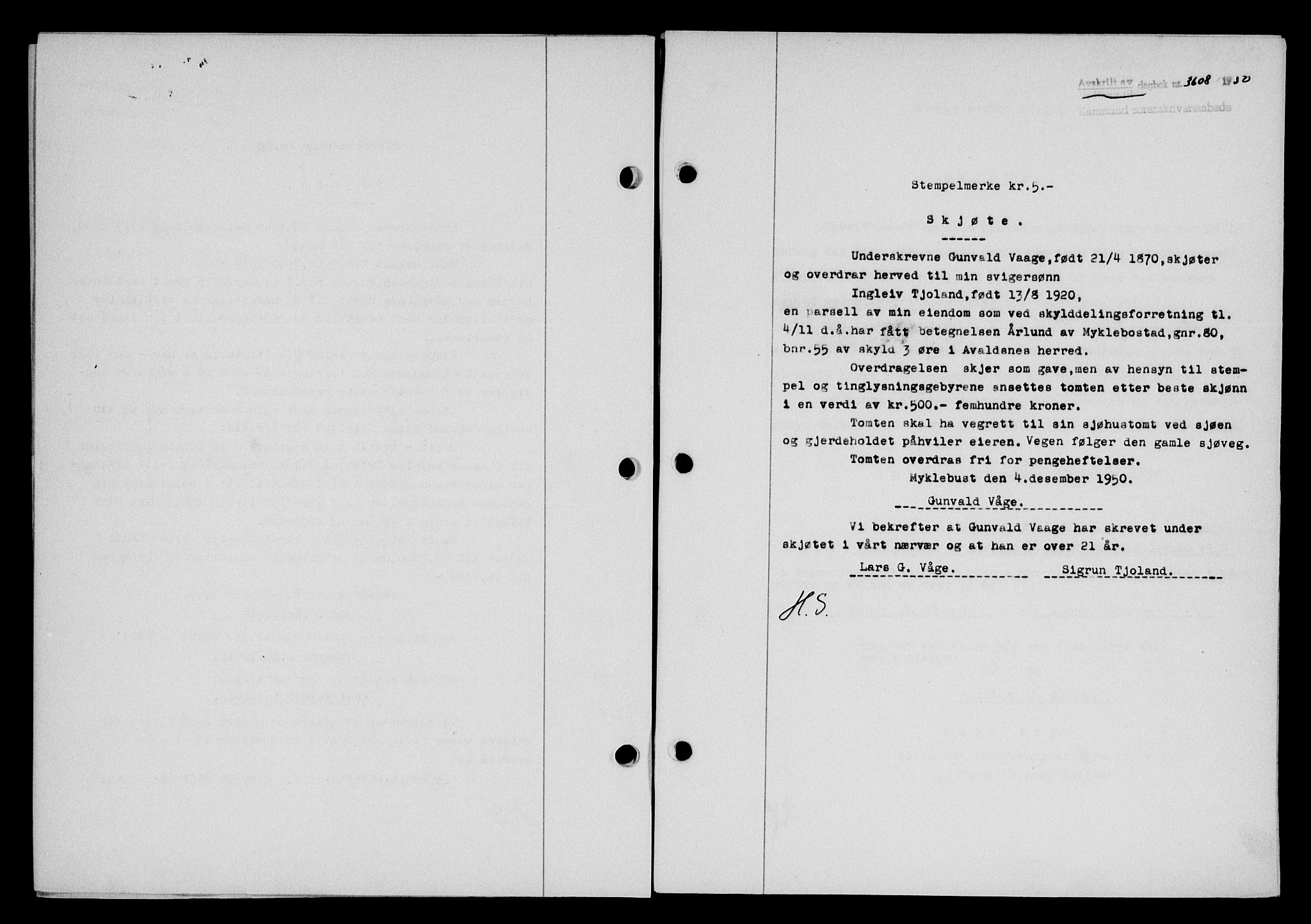 Karmsund sorenskriveri, SAST/A-100311/01/II/IIB/L0101: Mortgage book no. 81A, 1950-1951, Diary no: : 3608/1950