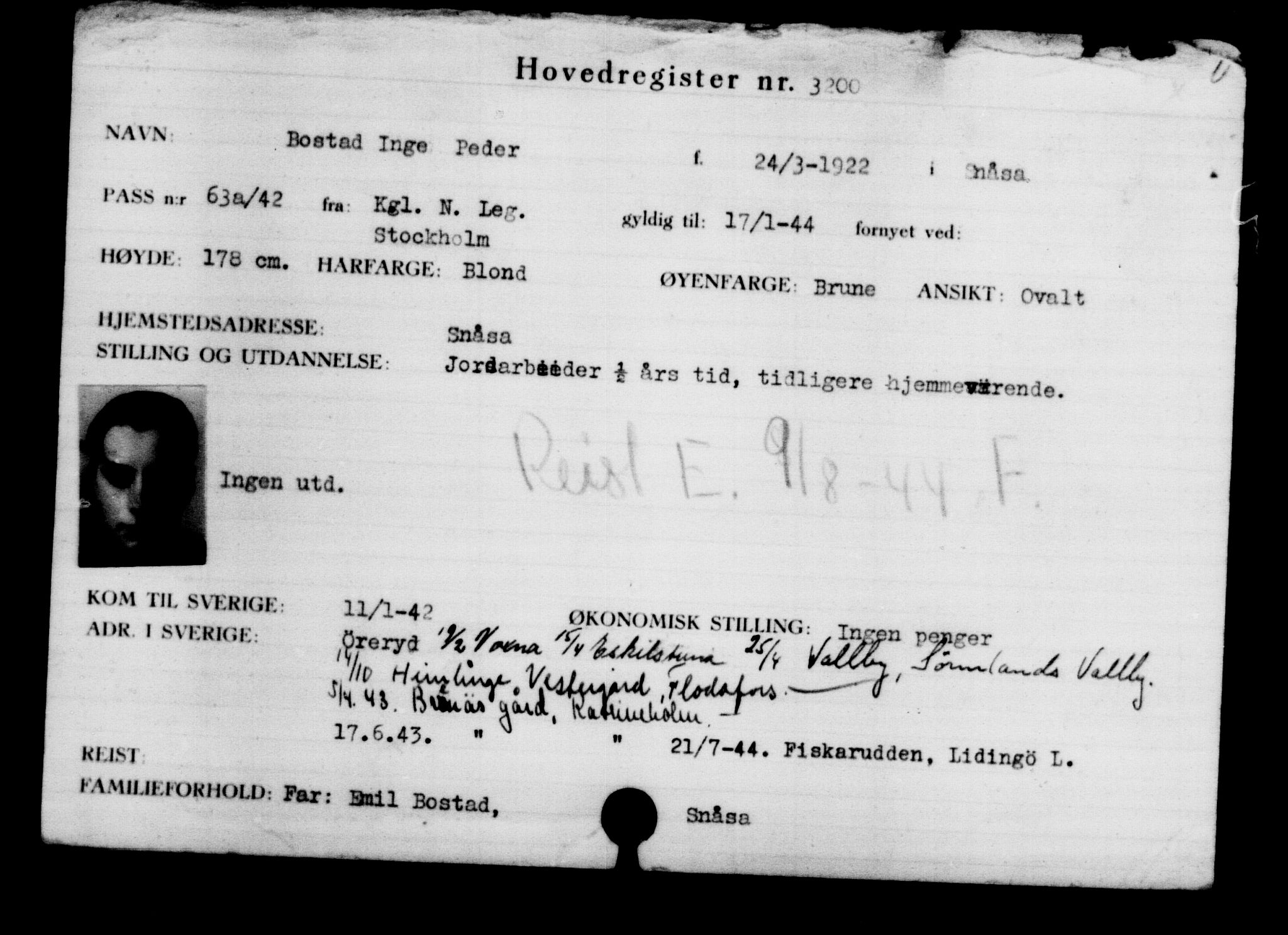 Utenriksstasjonene, Legasjonen i Stockholm, Flyktningkontoret, AV/RA-S-6753/V/Va/L0003: Kjesäterkartoteket, flyktninger med registreringsnr. 2001-3495, 1940-1945, p. 1655