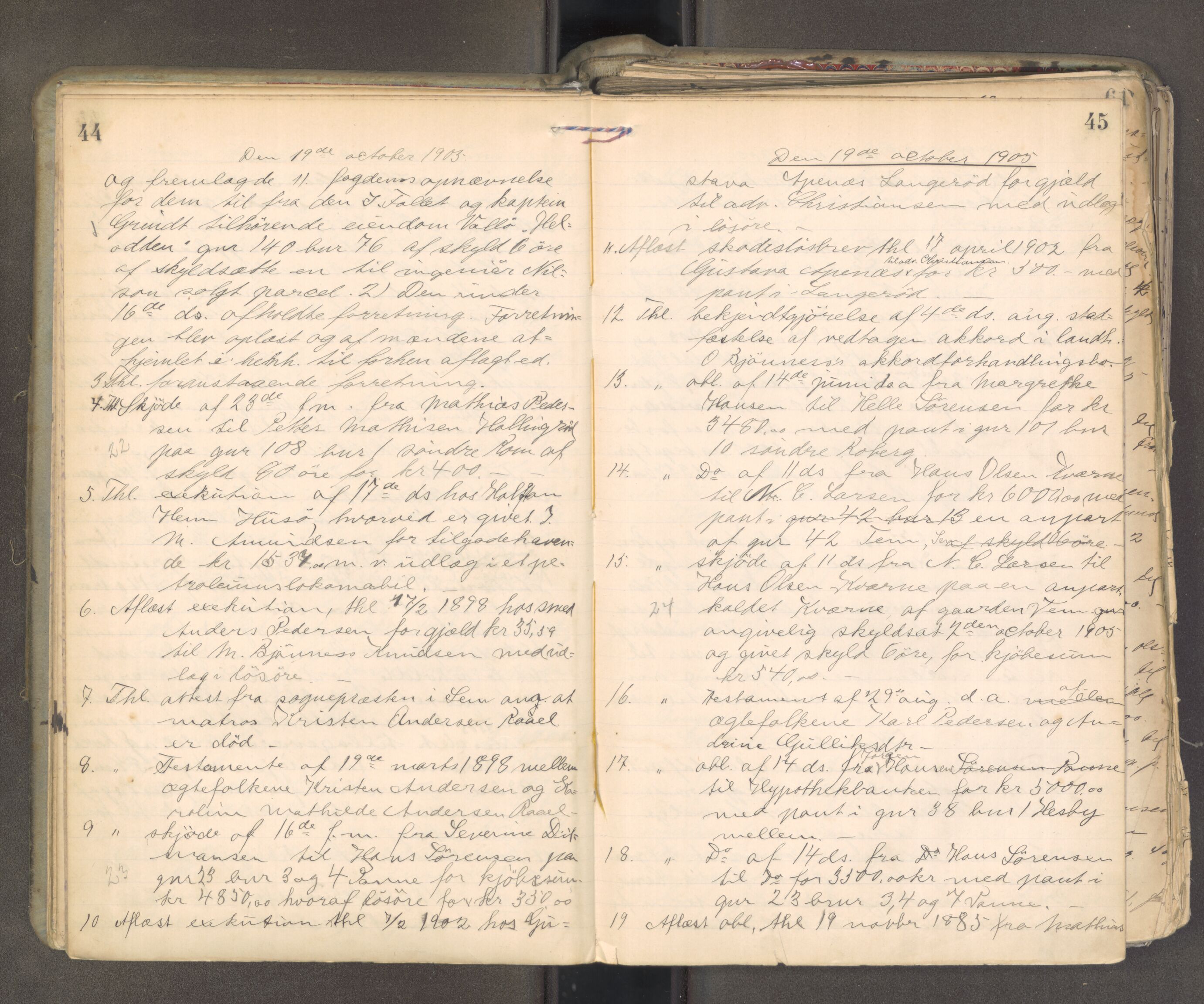 Søndre Jarlsberg sorenskriveri, AV/SAKO-A-129/F/Fa/L0045: Tingbok, 1905-1907, p. 44-45