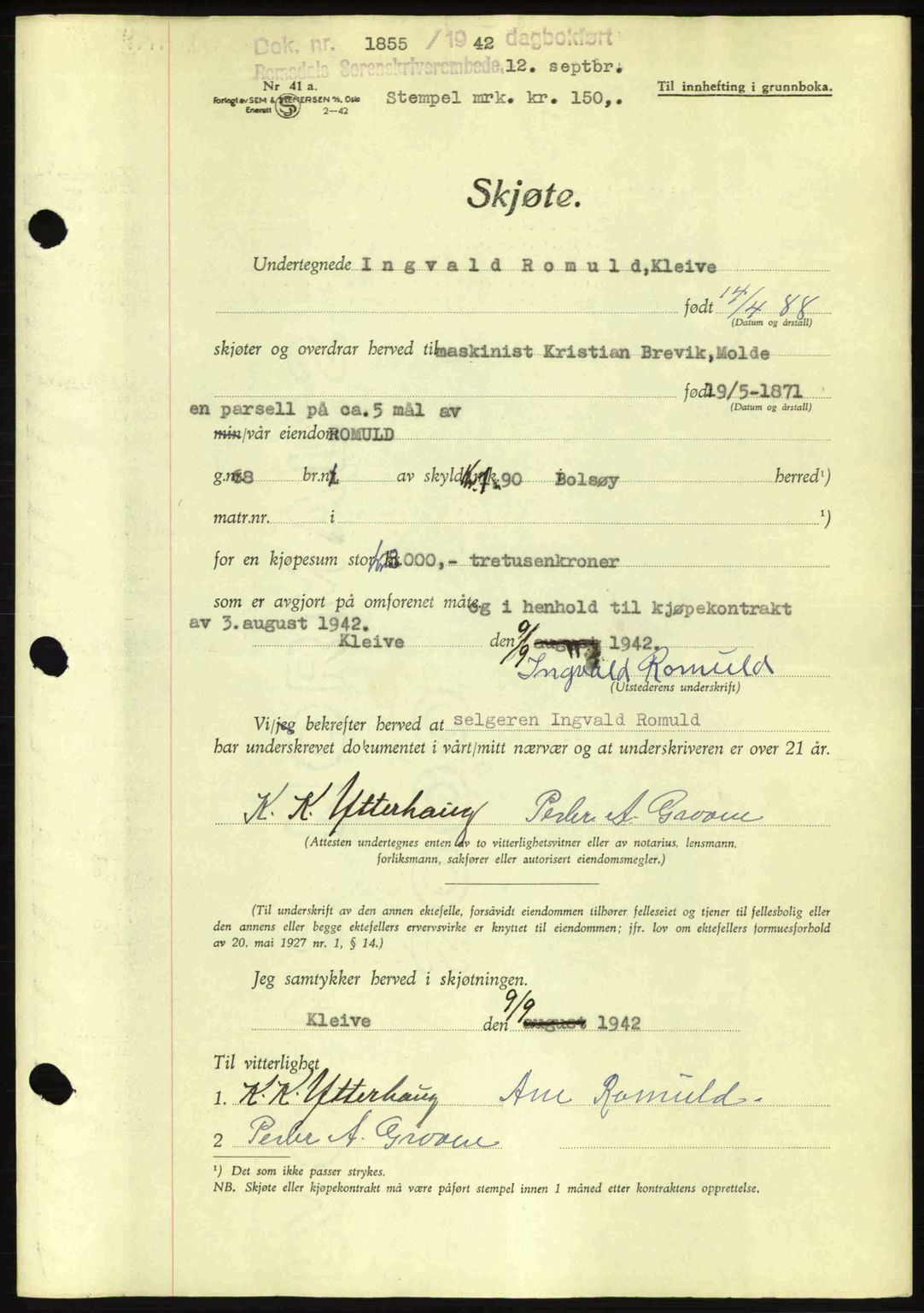 Romsdal sorenskriveri, AV/SAT-A-4149/1/2/2C: Mortgage book no. A12, 1942-1942, Diary no: : 1855/1942