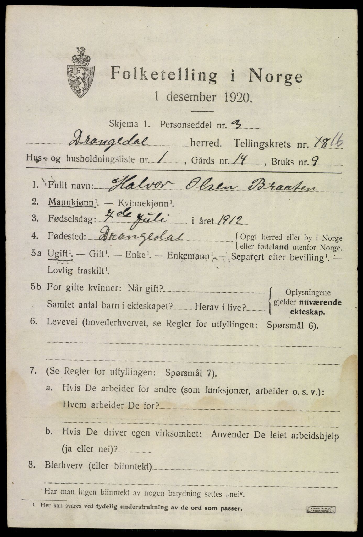 SAKO, 1920 census for Drangedal, 1920, p. 7801