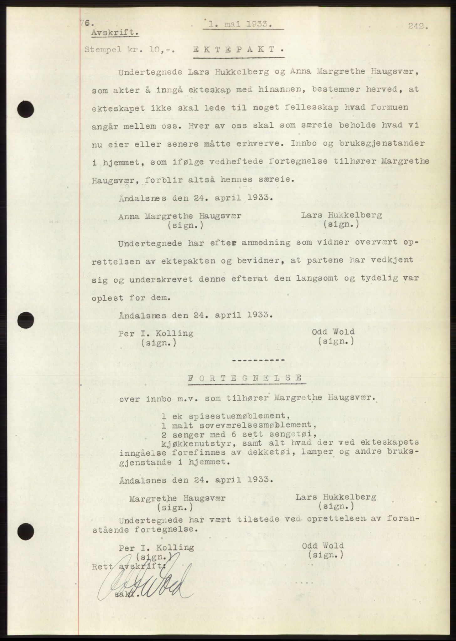 Romsdal sorenskriveri, AV/SAT-A-4149/1/2/2C/L0063: Mortgage book no. 57, 1933-1933, Deed date: 01.05.1933