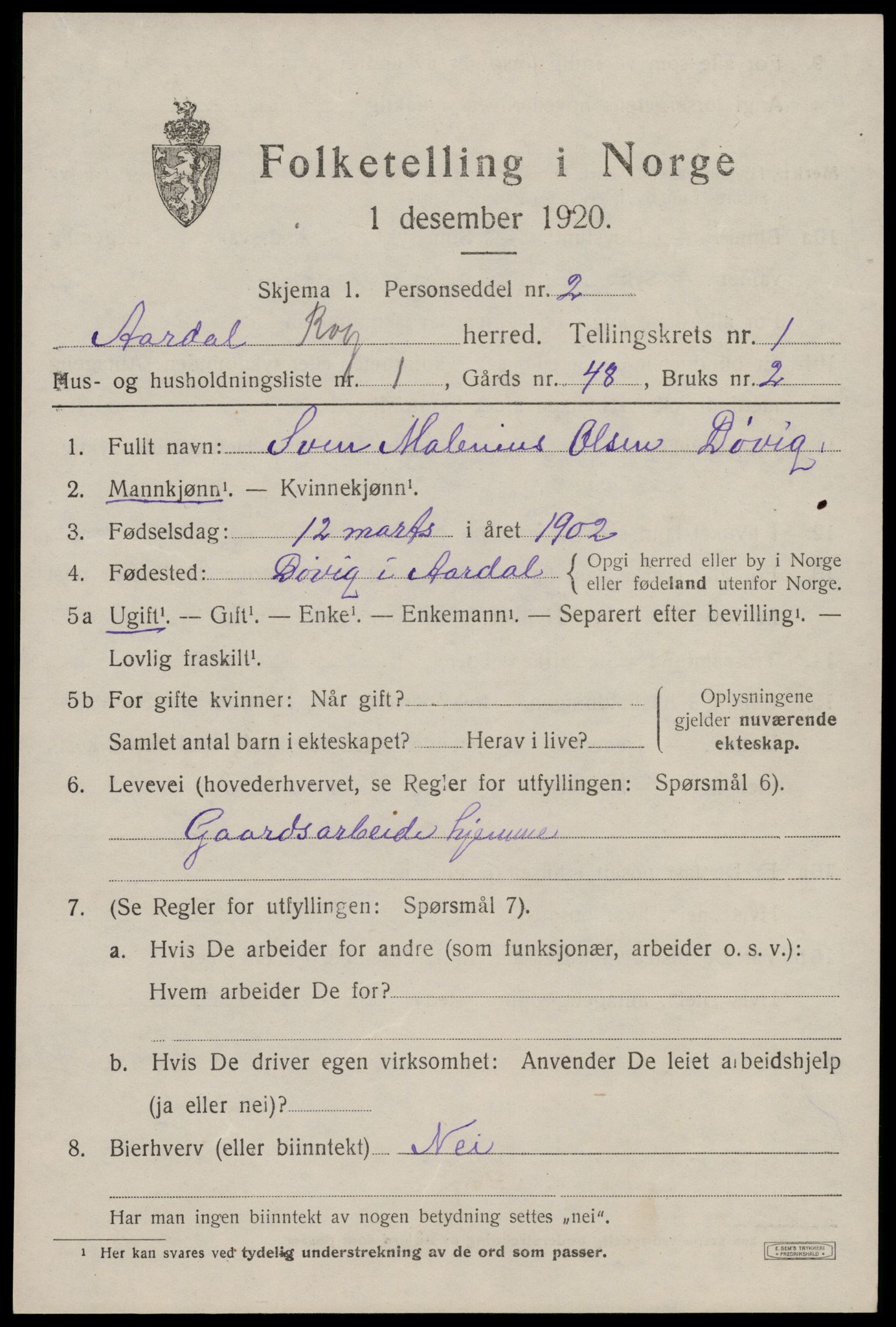 SAST, 1920 census for Årdal, 1920, p. 360