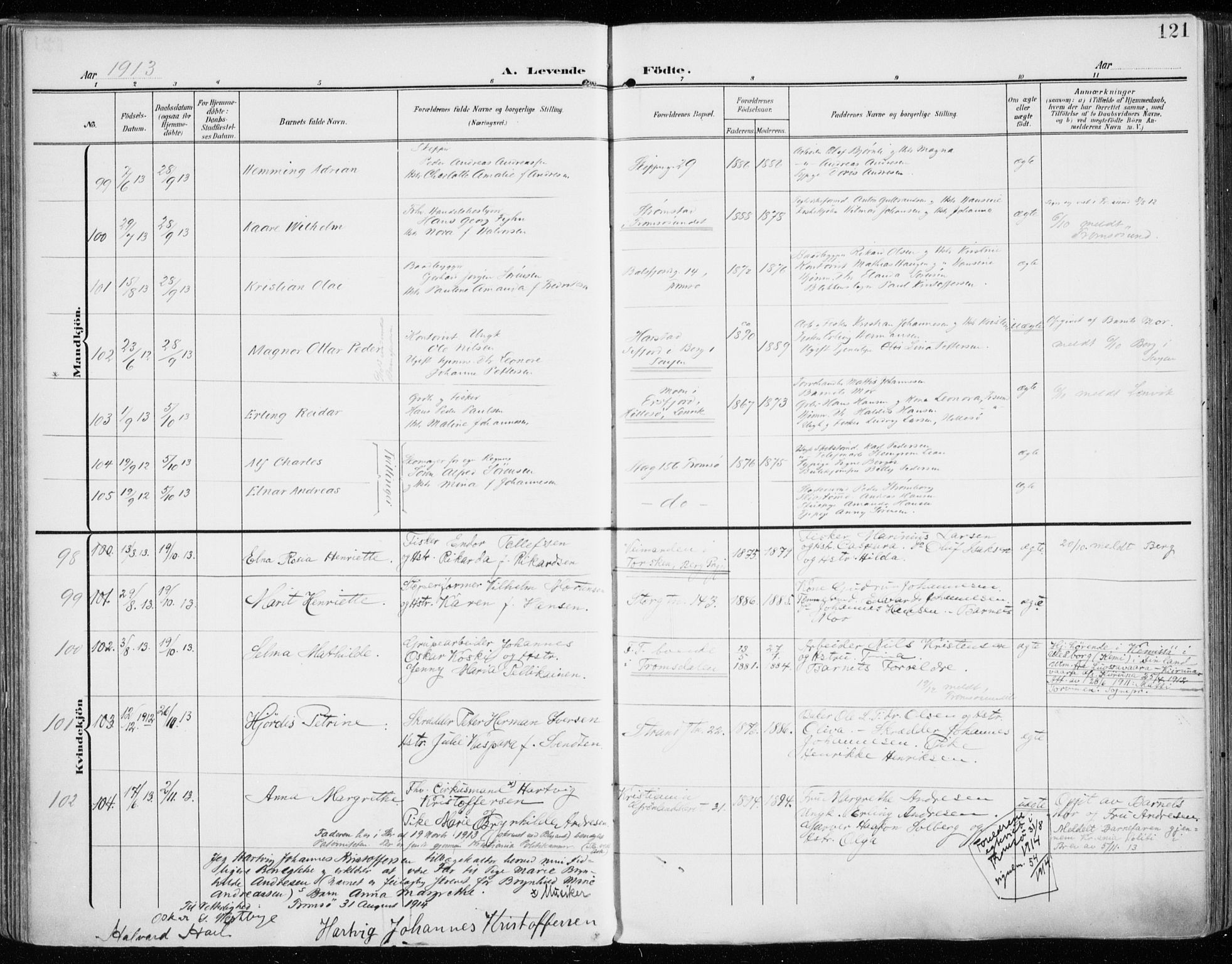 Tromsø sokneprestkontor/stiftsprosti/domprosti, AV/SATØ-S-1343/G/Ga/L0017kirke: Parish register (official) no. 17, 1907-1917, p. 121