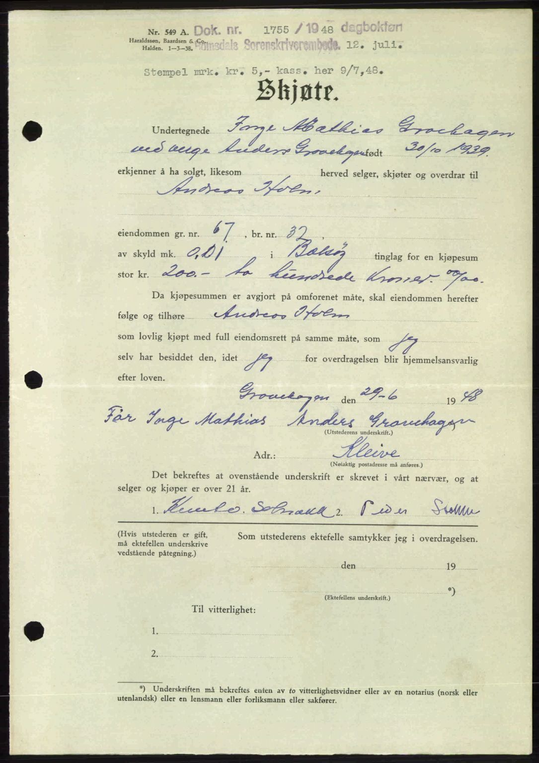 Romsdal sorenskriveri, AV/SAT-A-4149/1/2/2C: Mortgage book no. A26, 1948-1948, Diary no: : 1755/1948