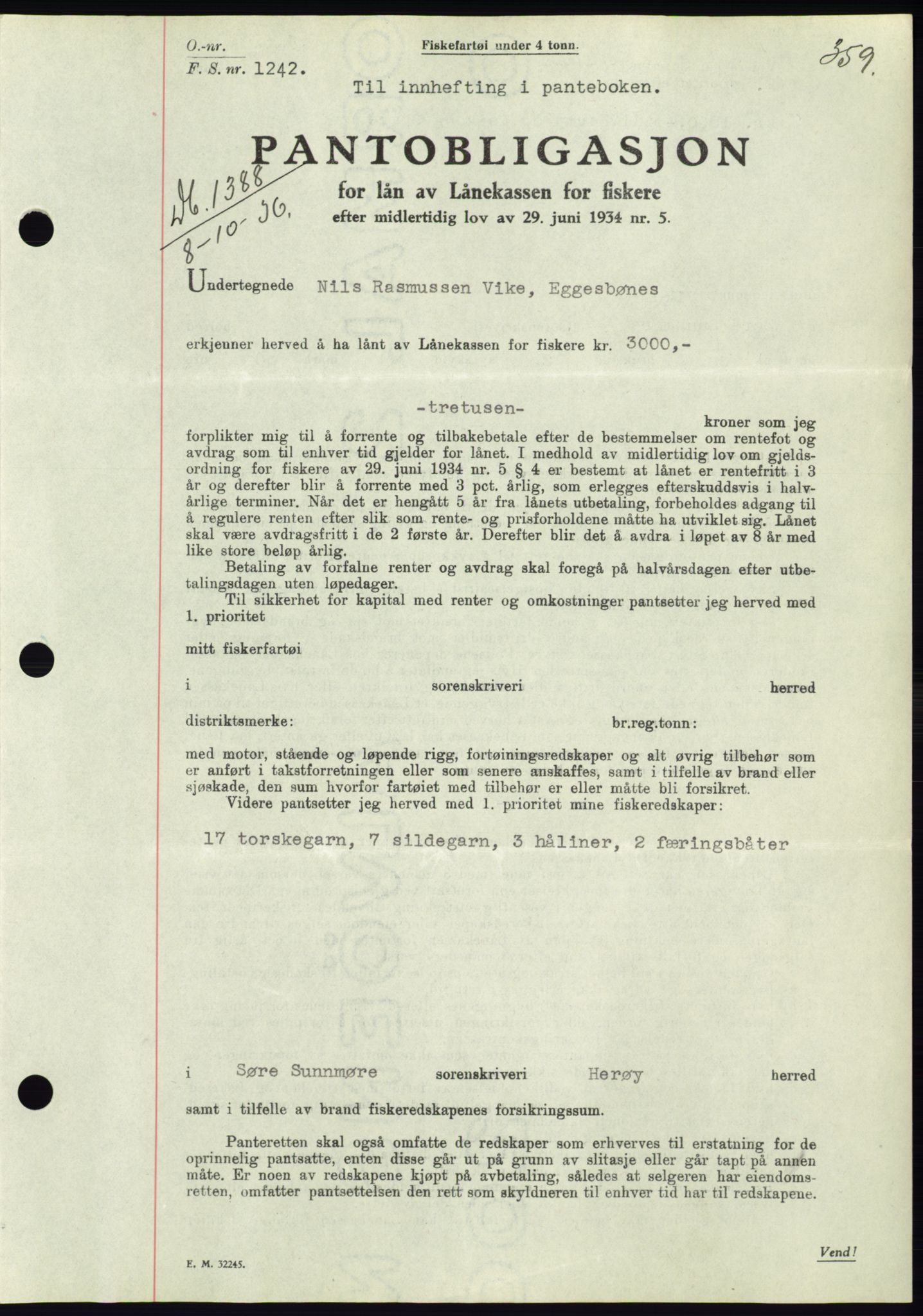 Søre Sunnmøre sorenskriveri, AV/SAT-A-4122/1/2/2C/L0061: Mortgage book no. 55, 1936-1936, Diary no: : 1388/1936