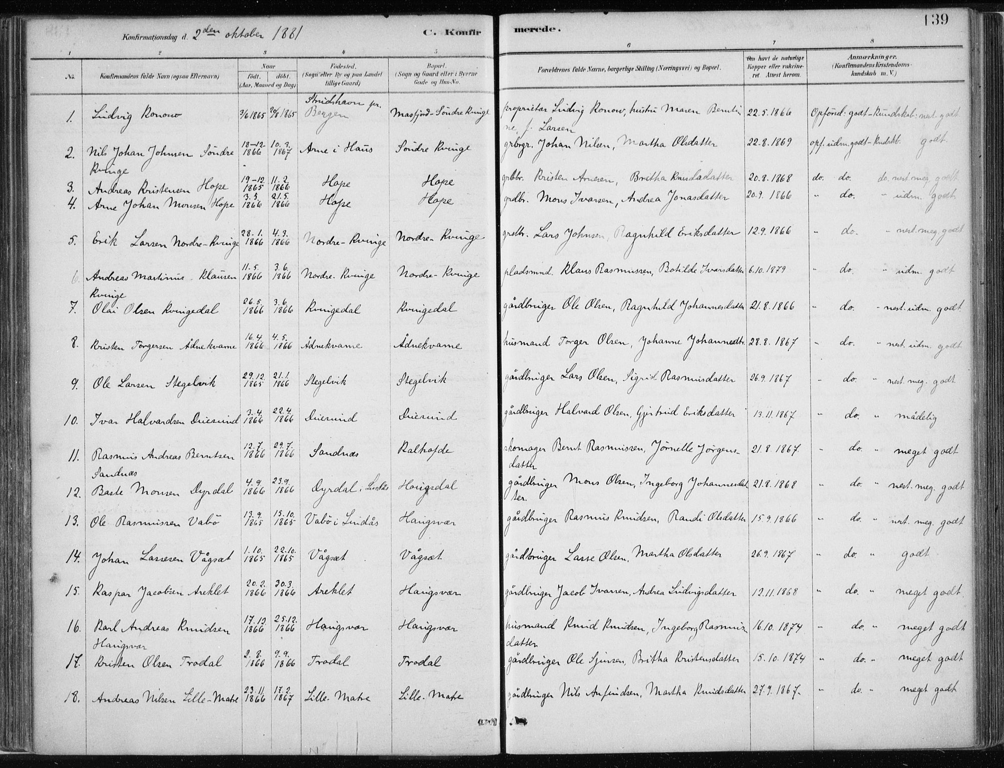 Masfjorden Sokneprestembete, SAB/A-77001: Parish register (official) no. B  1, 1876-1899, p. 139
