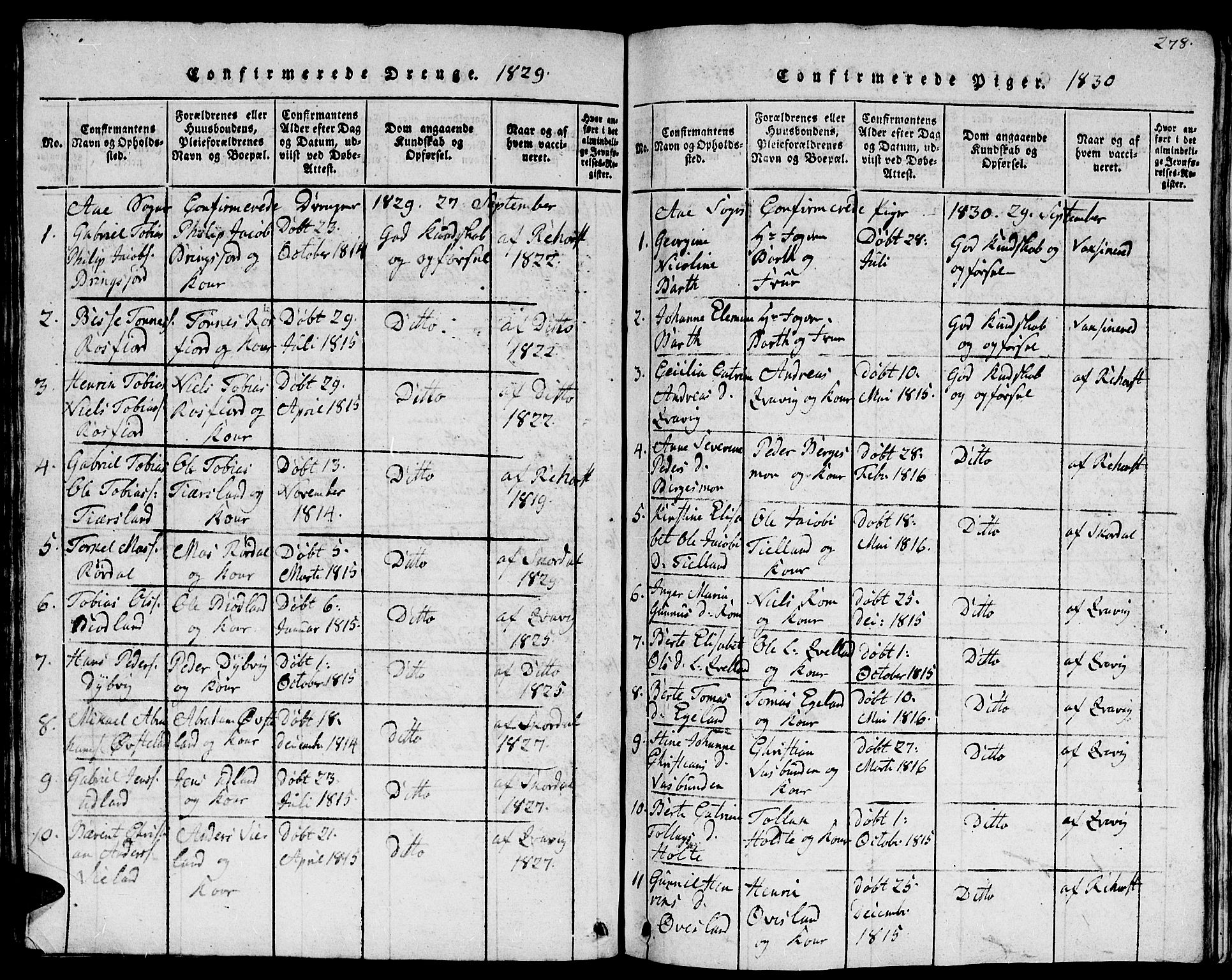 Lyngdal sokneprestkontor, AV/SAK-1111-0029/F/Fb/Fbc/L0001: Parish register (copy) no. B 1, 1815-1844, p. 278