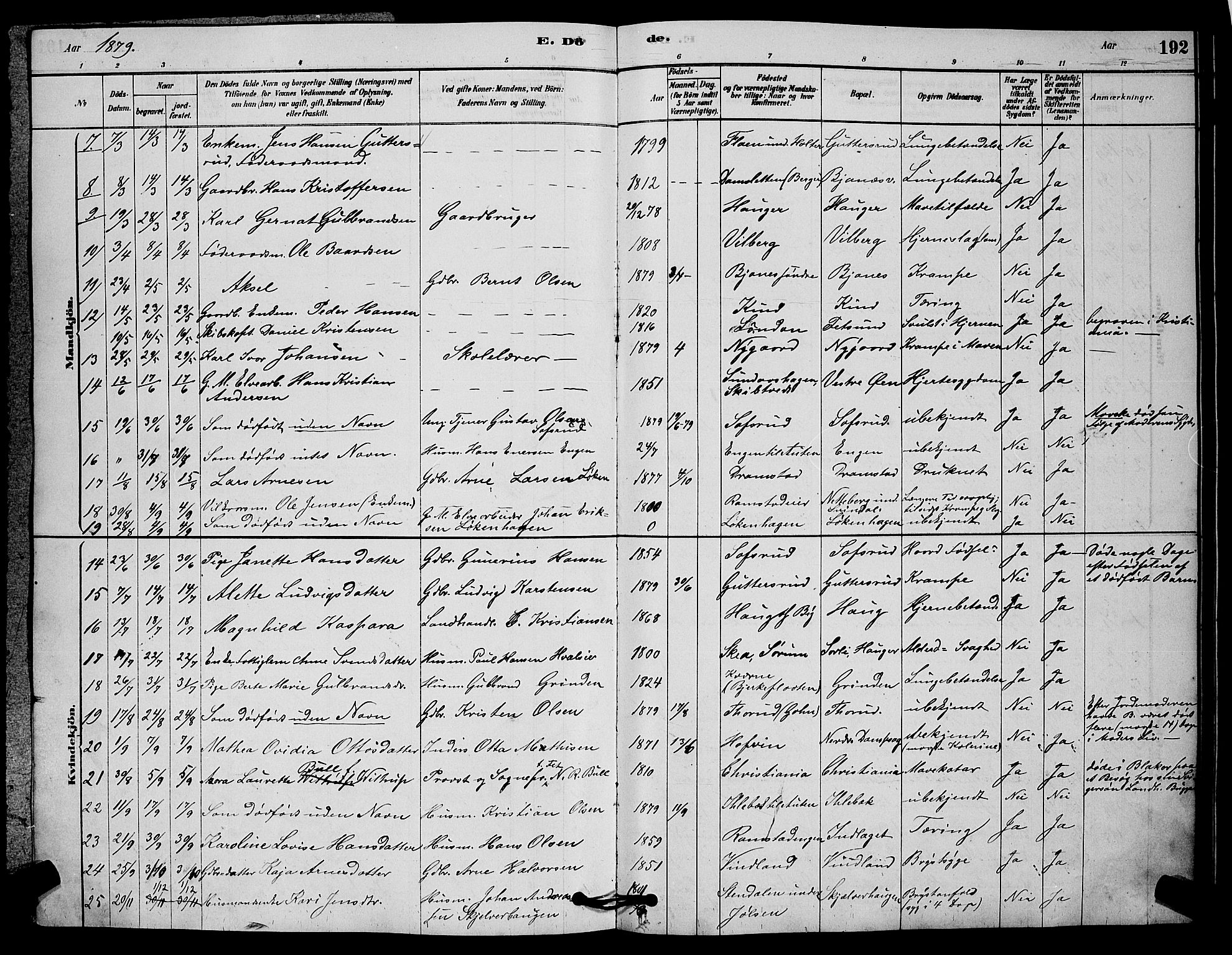 Fet prestekontor Kirkebøker, AV/SAO-A-10370a/G/Ga/L0006: Parish register (copy) no. I 6, 1878-1891, p. 192