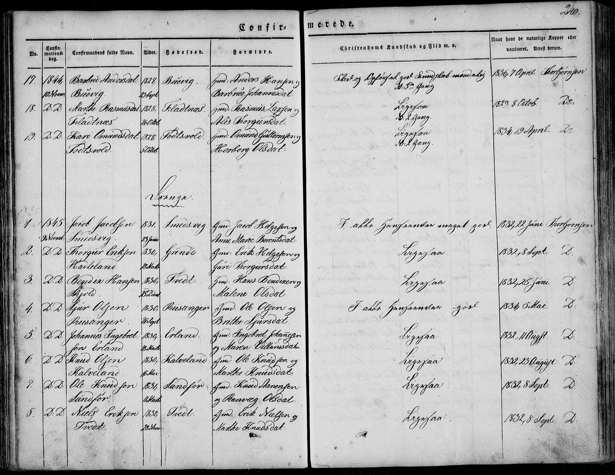 Skjold sokneprestkontor, AV/SAST-A-101847/H/Ha/Haa/L0006: Parish register (official) no. A 6.1, 1835-1858, p. 240