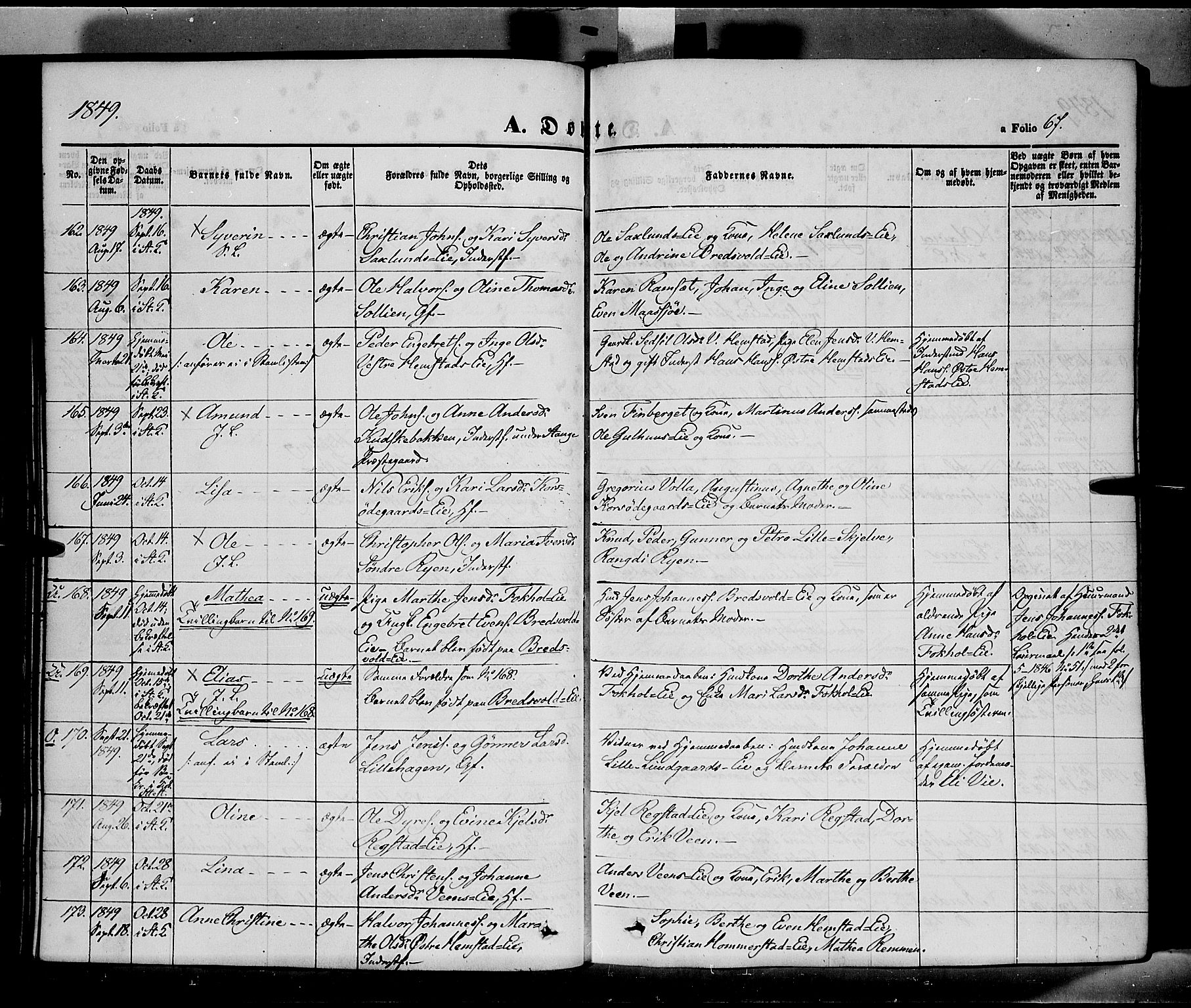 Stange prestekontor, SAH/PREST-002/K/L0011: Parish register (official) no. 11, 1846-1852, p. 67