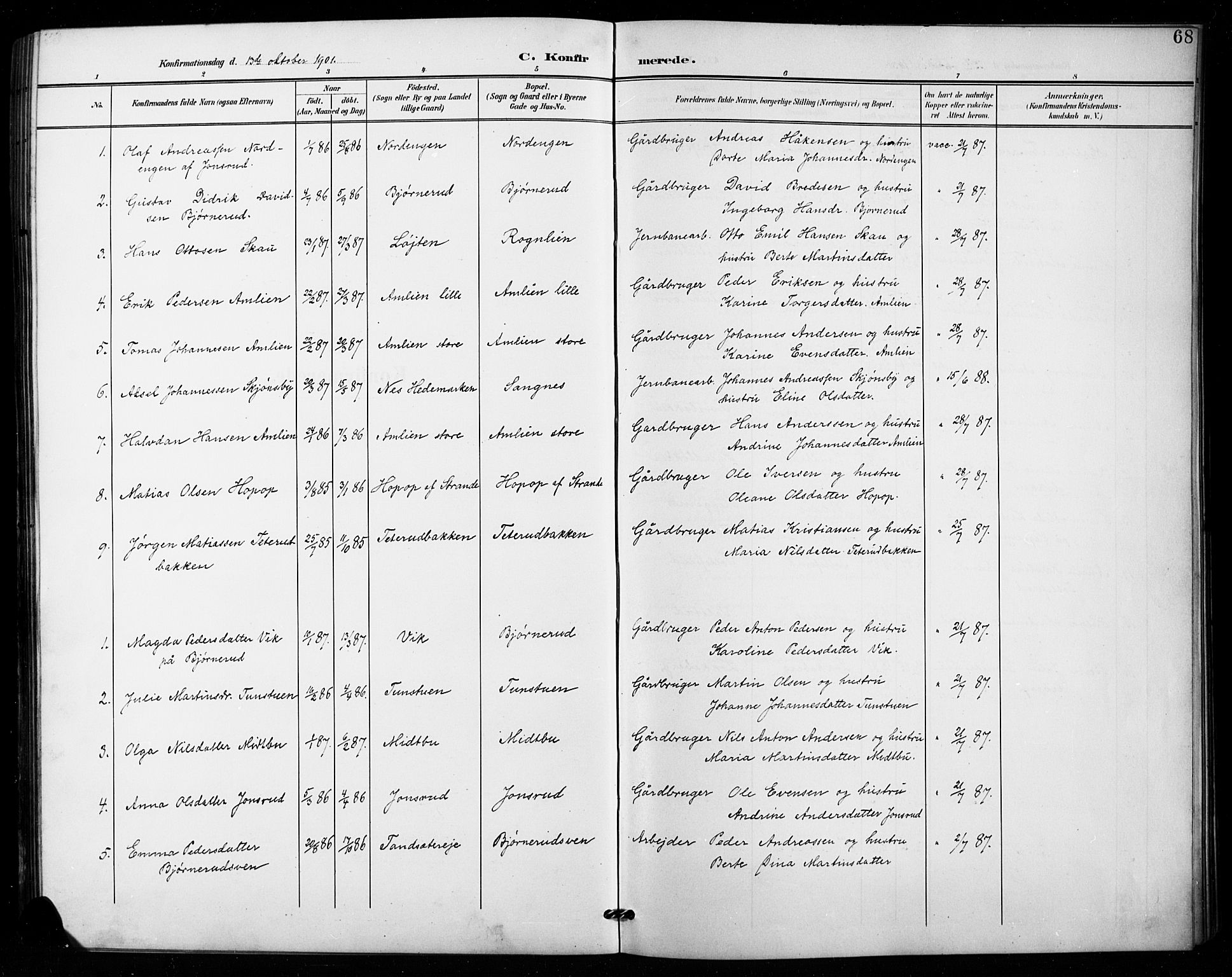 Vestre Toten prestekontor, AV/SAH-PREST-108/H/Ha/Hab/L0016: Parish register (copy) no. 16, 1901-1915, p. 68