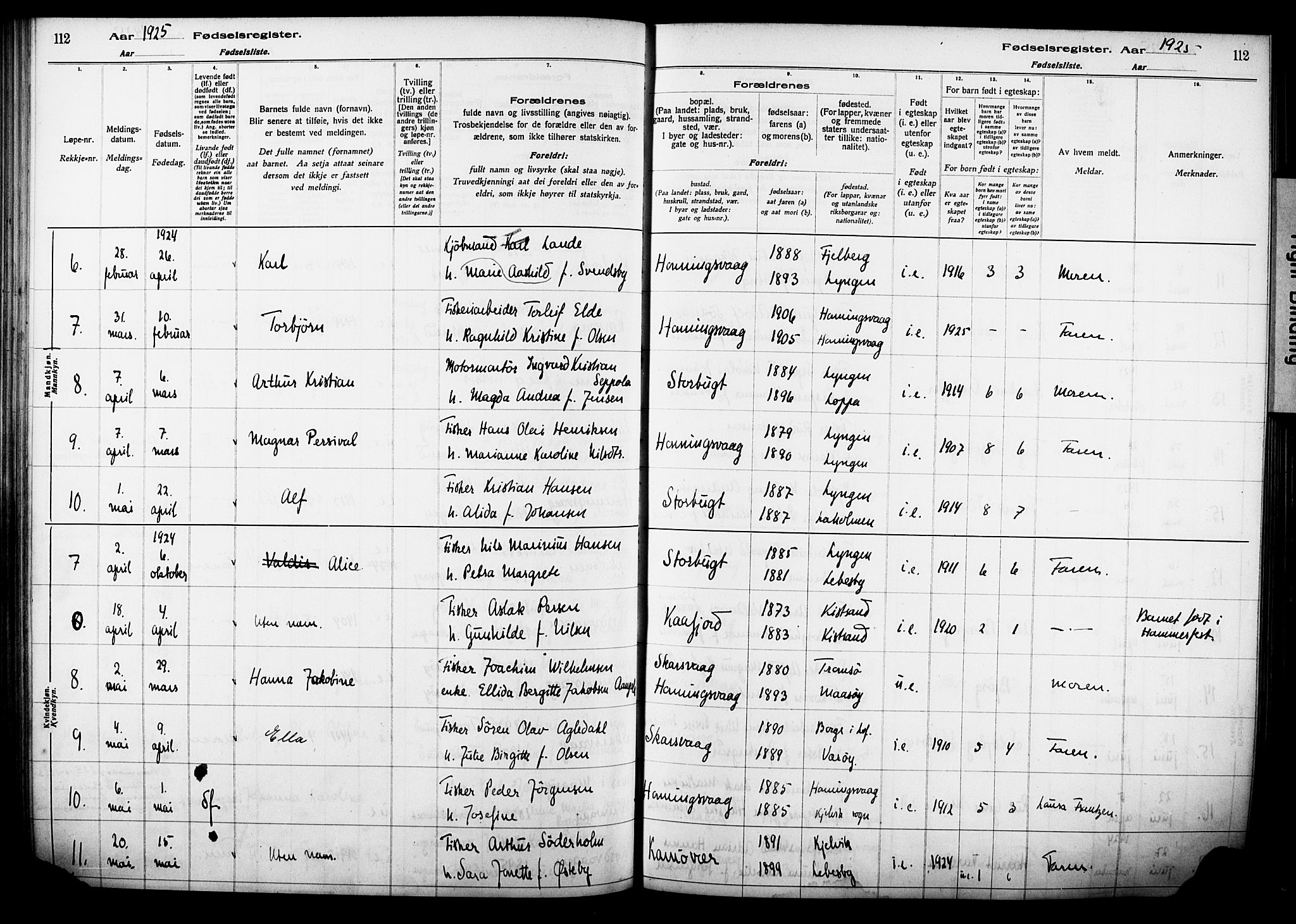 Kjelvik/Nordkapp sokneprestkontor, AV/SATØ-S-1350/I/Ia/L0015: Birth register no. 15, 1916-1930, p. 112