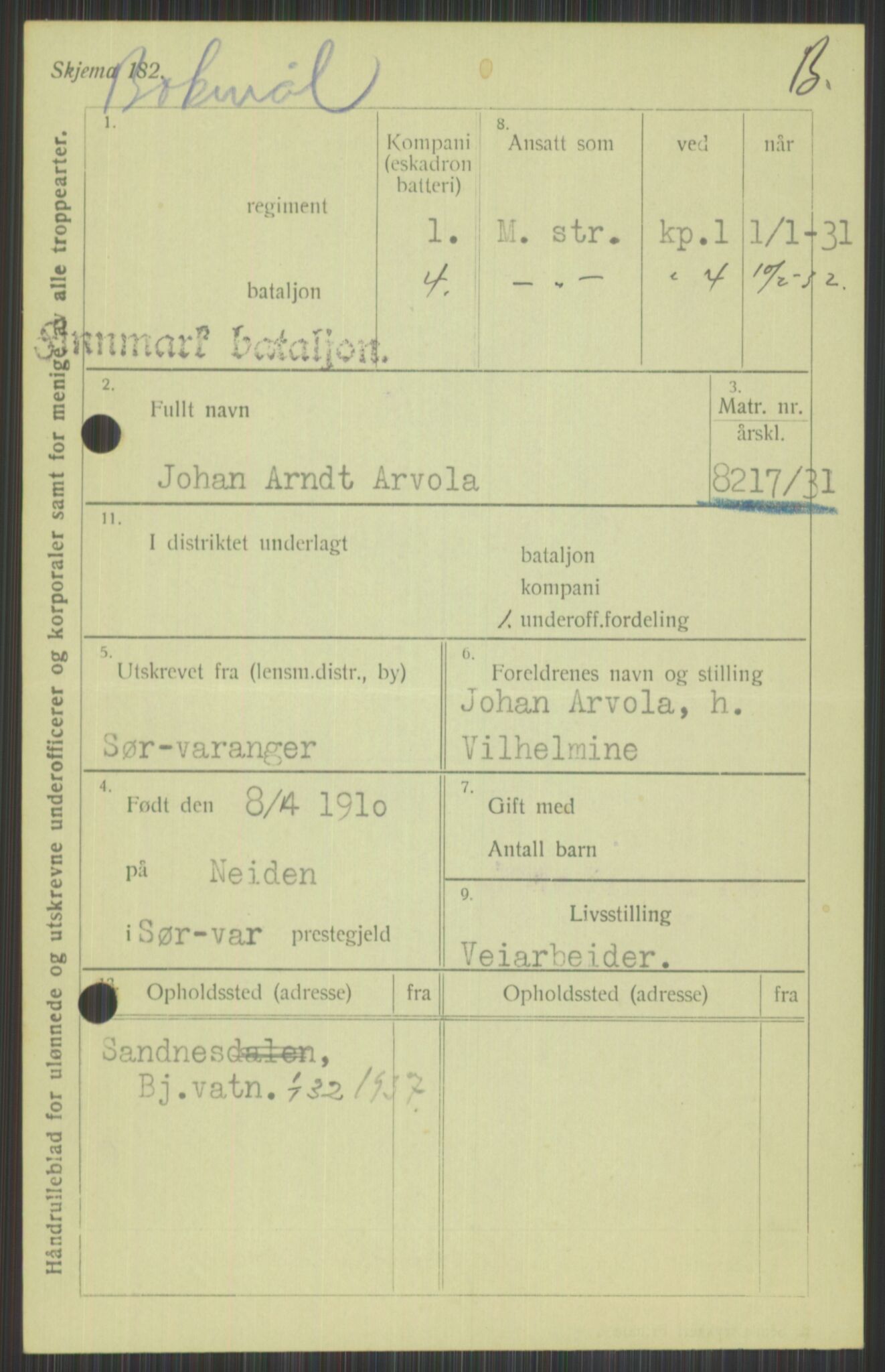 Forsvaret, Varanger bataljon, AV/RA-RAFA-2258/1/D/L0440: Rulleblad for fødte 1892-1912, 1892-1912, p. 1037