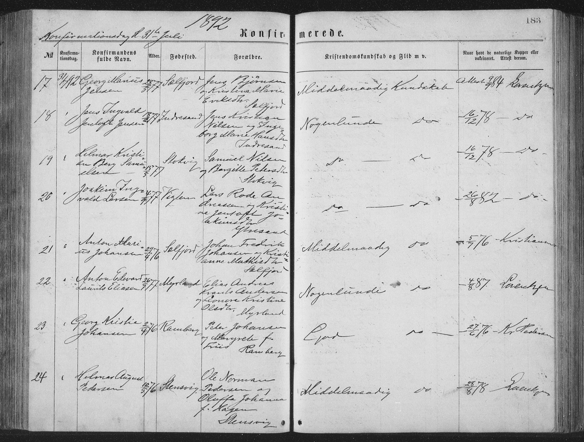 Ministerialprotokoller, klokkerbøker og fødselsregistre - Nordland, AV/SAT-A-1459/885/L1213: Parish register (copy) no. 885C02, 1874-1892, p. 183