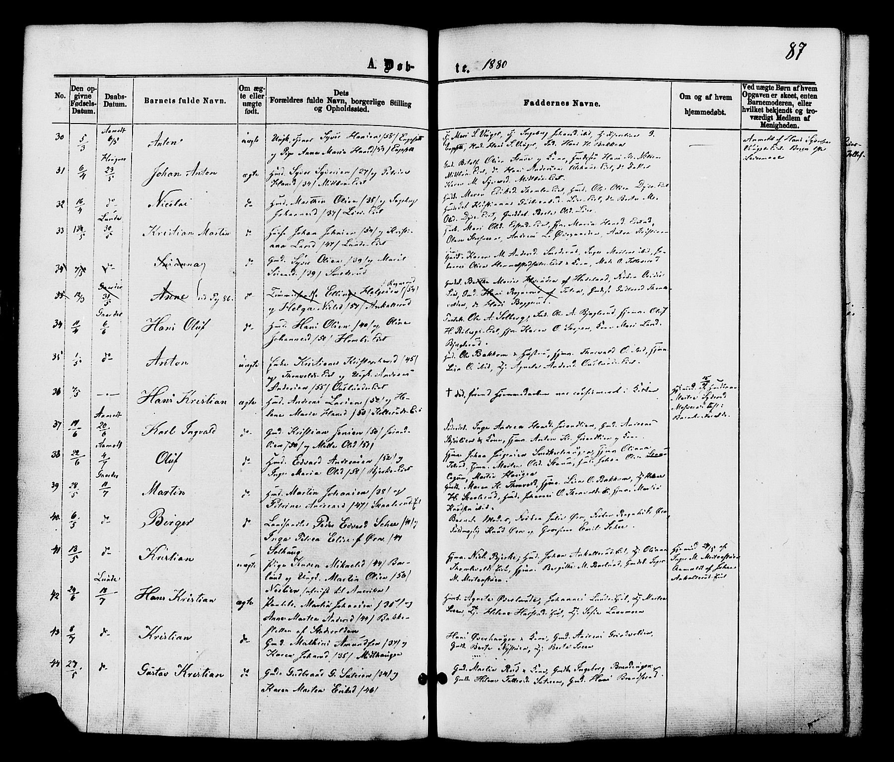 Nordre Land prestekontor, AV/SAH-PREST-124/H/Ha/Haa/L0002: Parish register (official) no. 2, 1872-1881, p. 87