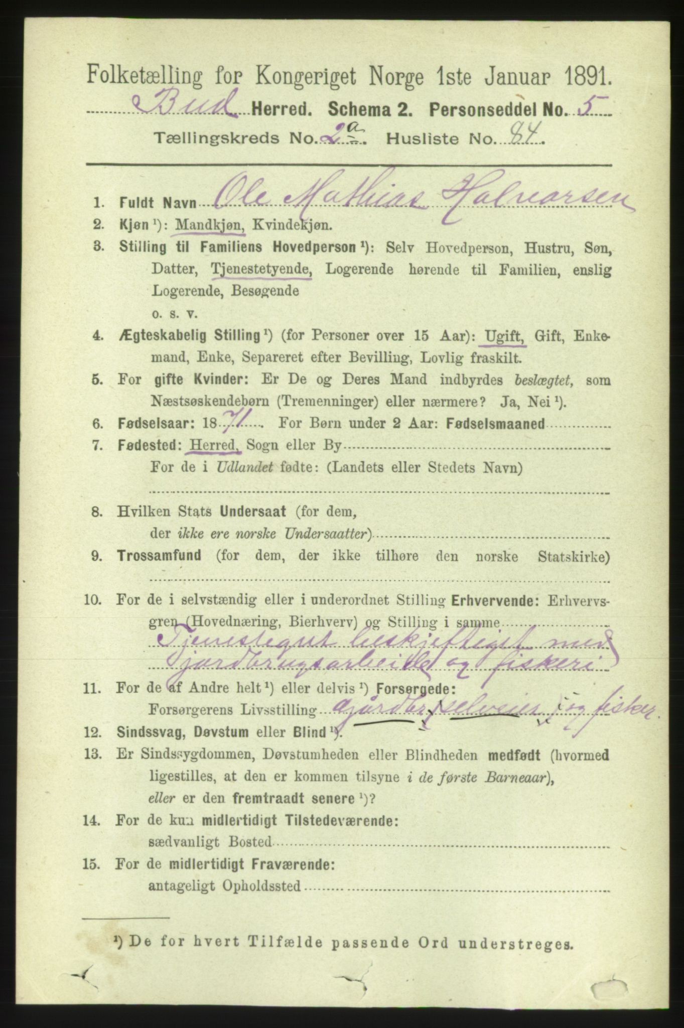 RA, 1891 census for 1549 Bud, 1891, p. 1190