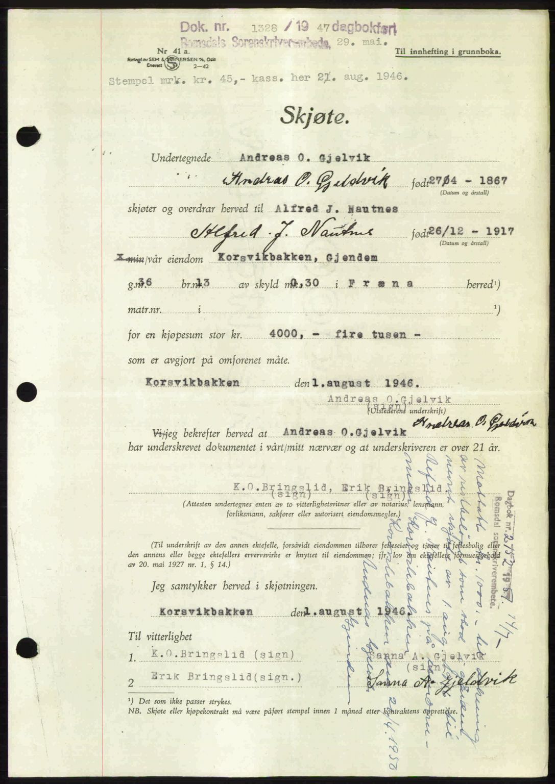 Romsdal sorenskriveri, AV/SAT-A-4149/1/2/2C: Mortgage book no. A23, 1947-1947, Diary no: : 1326/1947