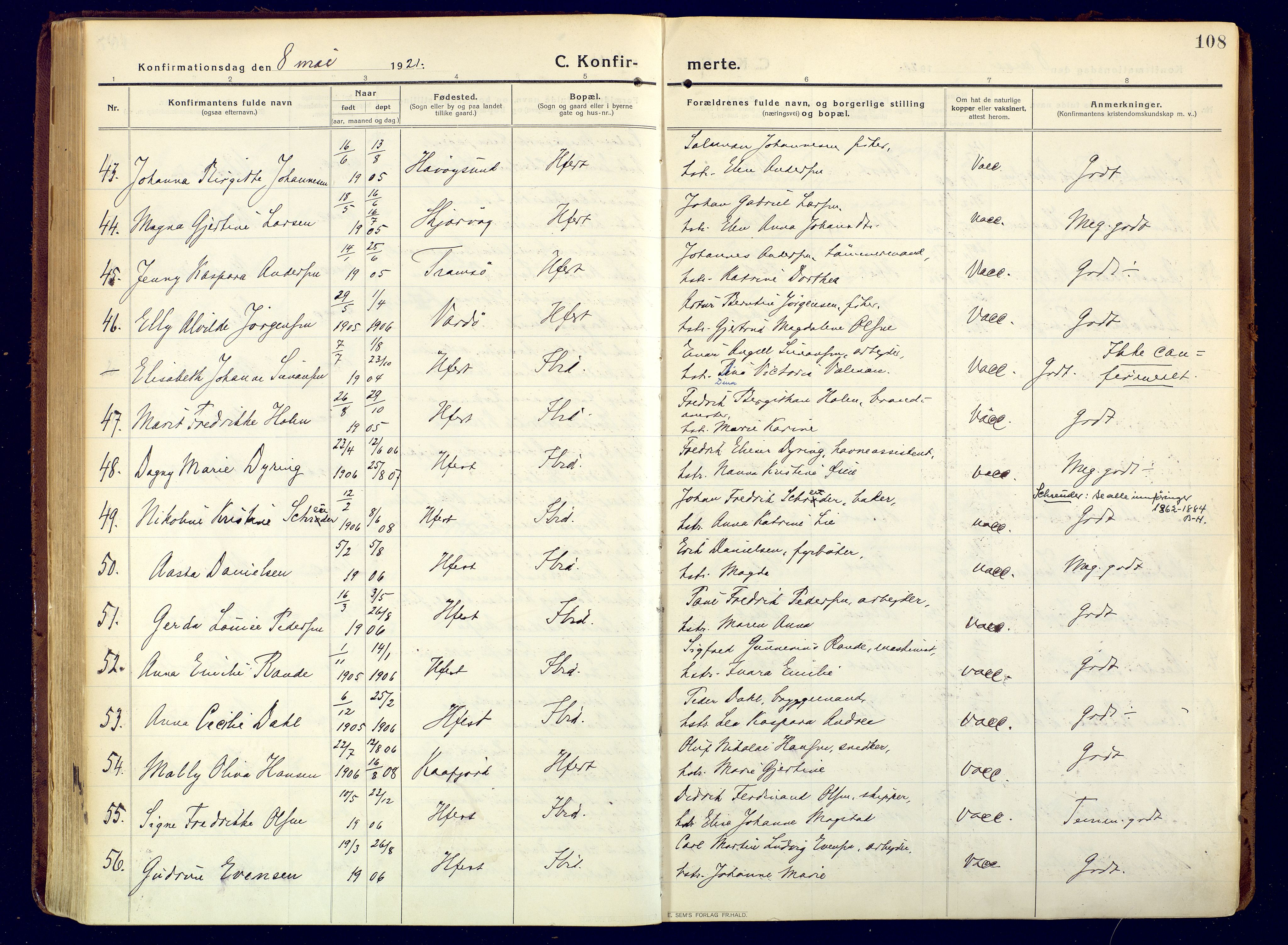 Hammerfest sokneprestkontor, AV/SATØ-S-1347/H/Ha/L0015.kirke: Parish register (official) no. 15, 1916-1923, p. 108